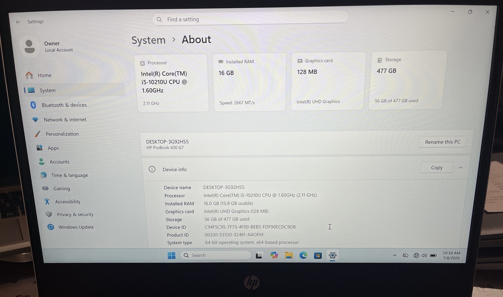 HP ProBook 430 G7 14″ i5-10210U@1.60GHz, 16GB RAM, 512GB M2, Win 11 Pro