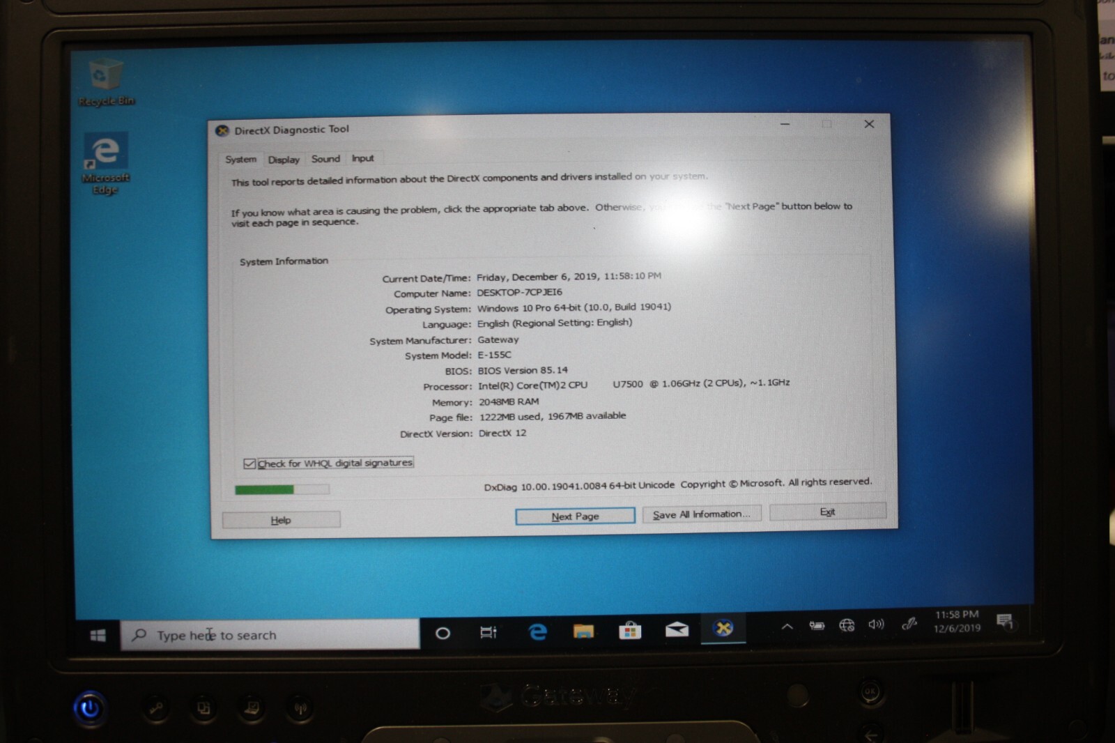 Gateway TB120 Core2 U7500 1.6Ghz 2GB Ram 80GB HDD W10Pro