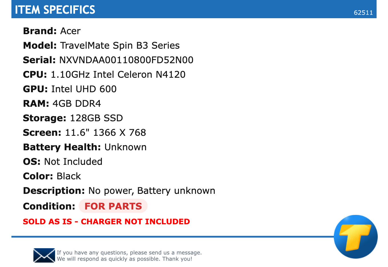 FOR PARTS: Acer TravelMate Spin B3 Series – 11.6″ HD, 1.10GHz Celeron, 4GB RAM