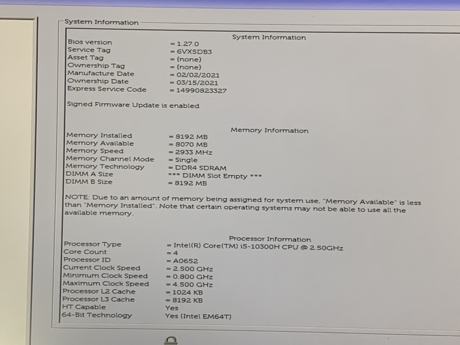DELL LATITUDE 5411 i5-10300H@ 2.50GHz 8GB RAM NO OS/SSD W/CHARGER *READ