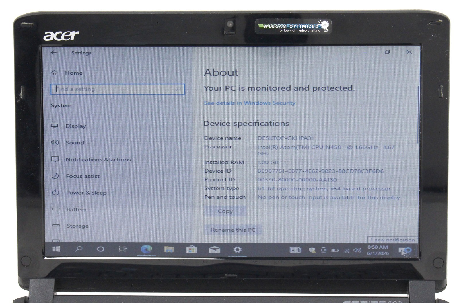 Acer ASPIRE ONE nav50 10″ 1.66 GHz Intel Atom 160GB HDD 1GB RAM win 10 ; 6181881