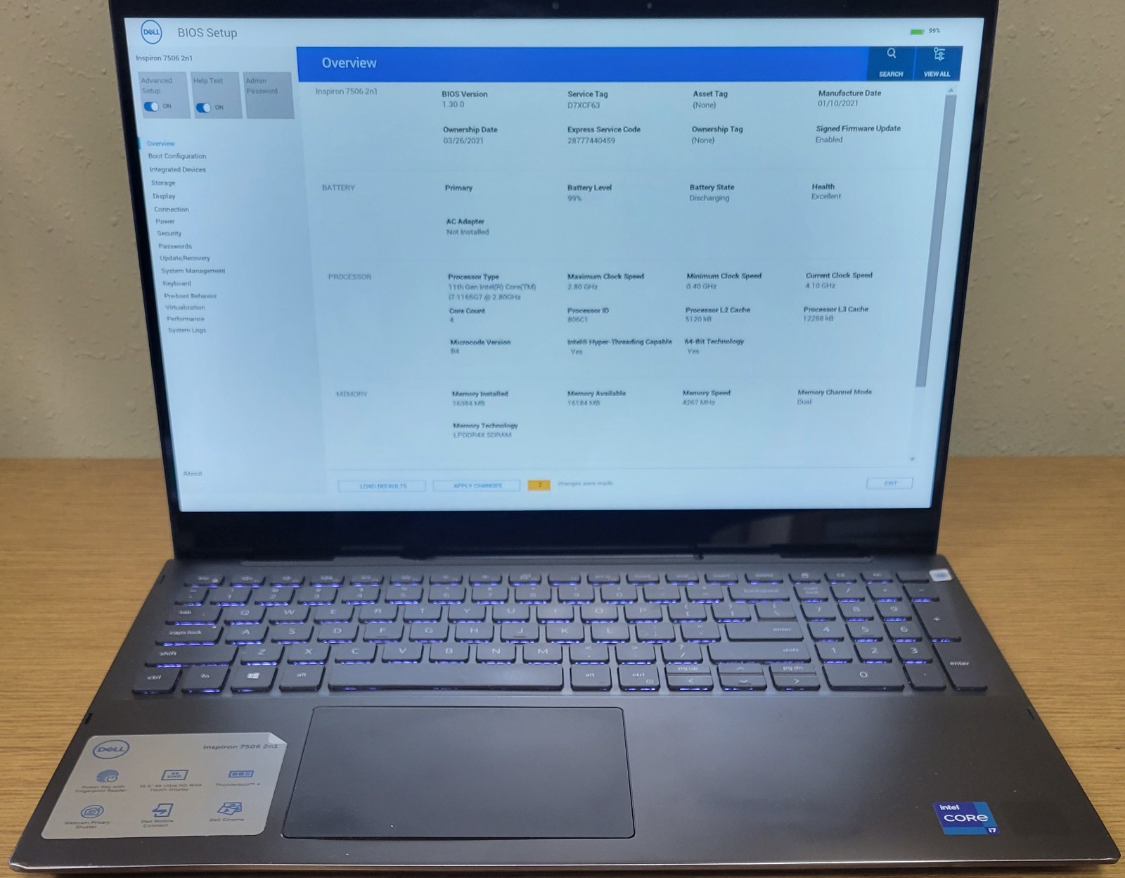 Dell Inspiron 7506 2-in-1 i7-1165G7 2.80GHz 16GB 256GB NVMe 4k Iris Max No OS
