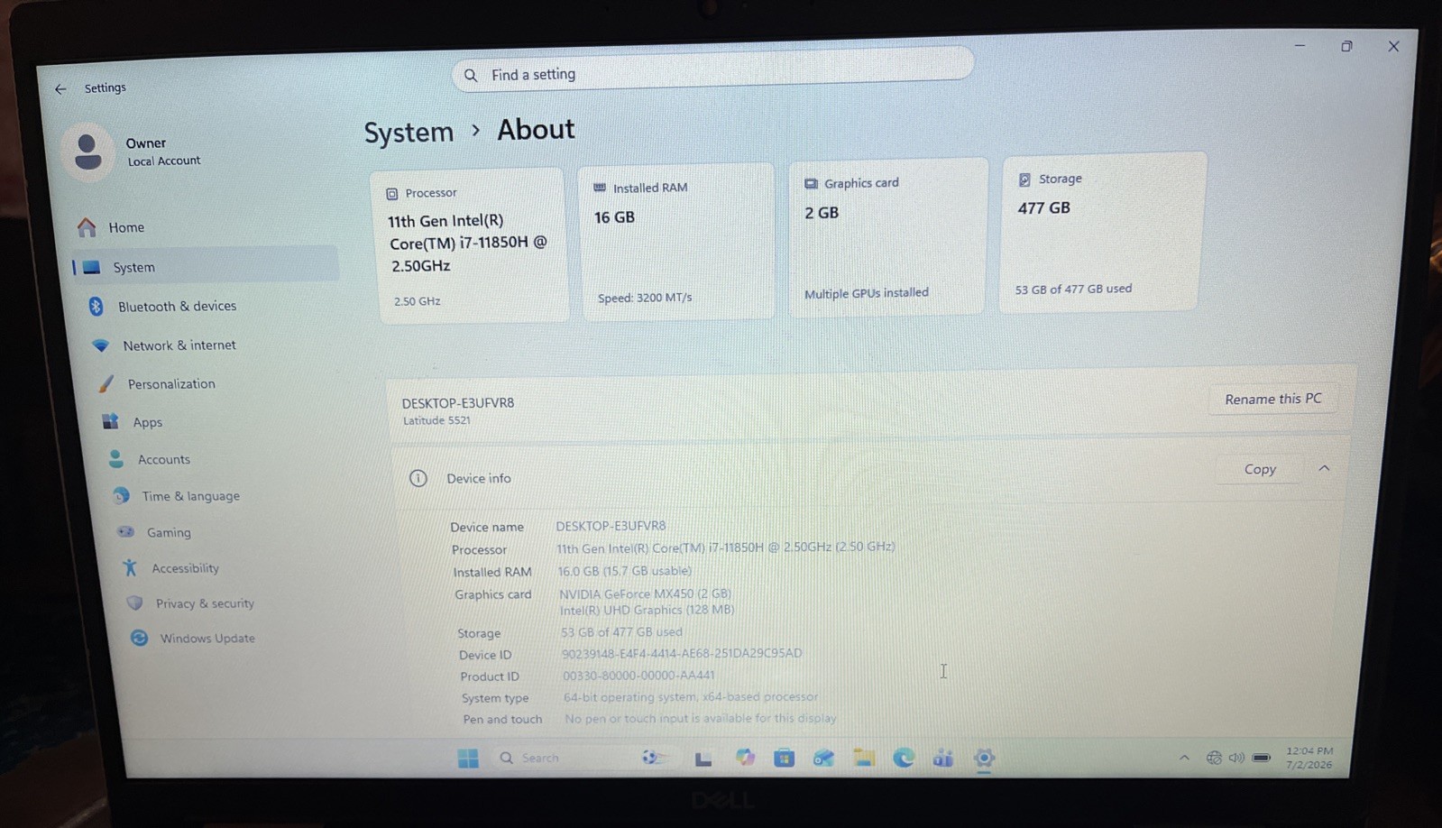 Dell Latitude 5521 15.6″ i7-11850H@2.5GHz, 16GB RAM, 512GB M2, Win 11 Pro *READ*