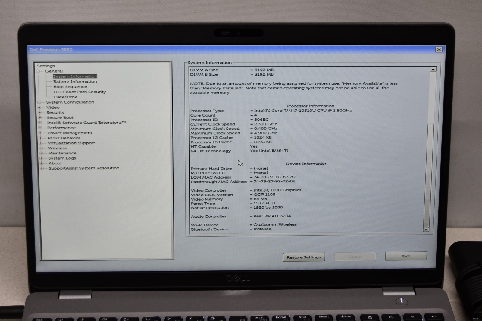 ^ Dell Precision 3550 15.6″ Intel i7-10510U @ 1.80GHz 16GB Ram No HD #X6994