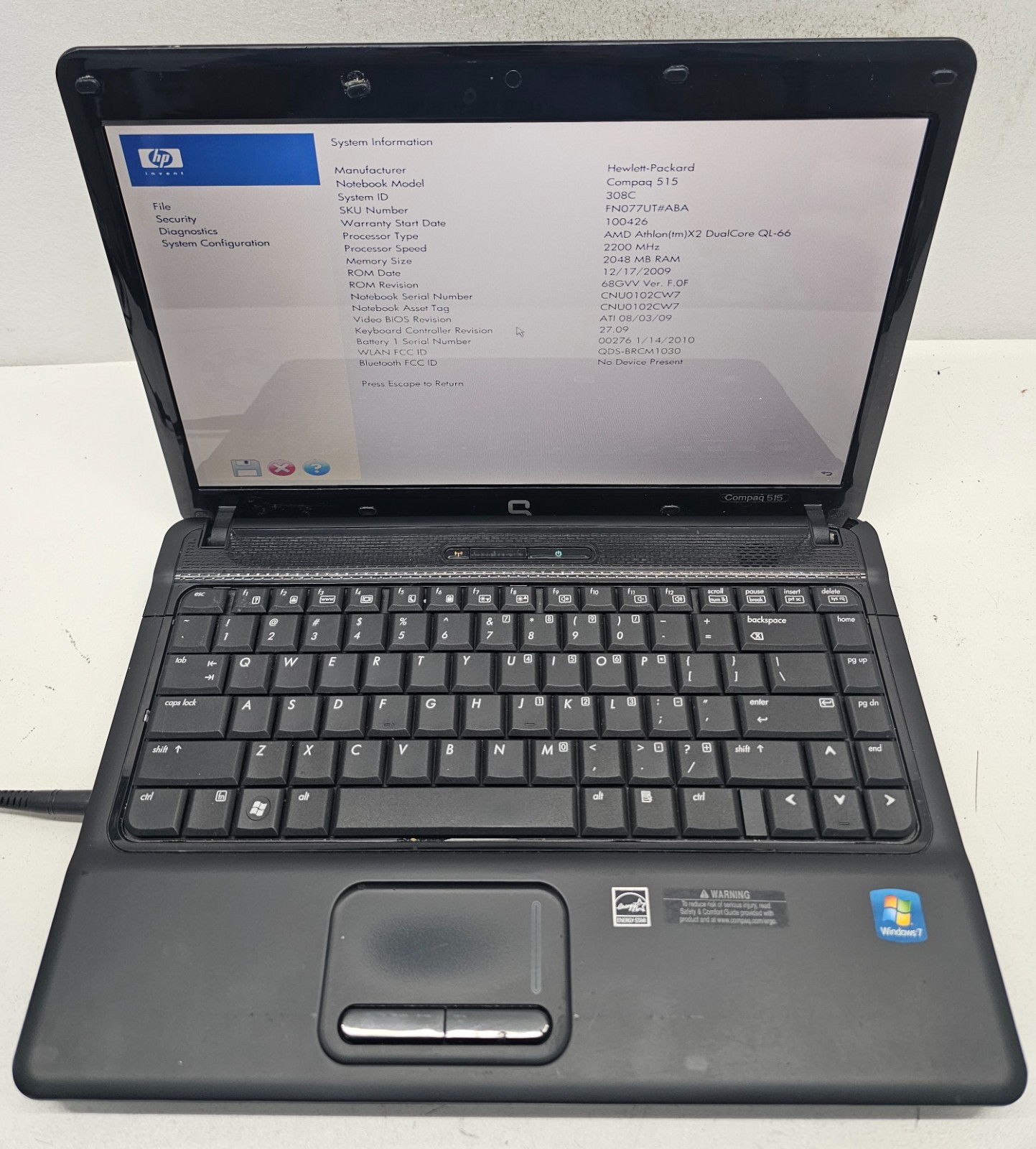 HP Compaq 515 Laptop AMD Athlon X2 Dual Core QL-66 2GB Ram No HD/OS (FL)