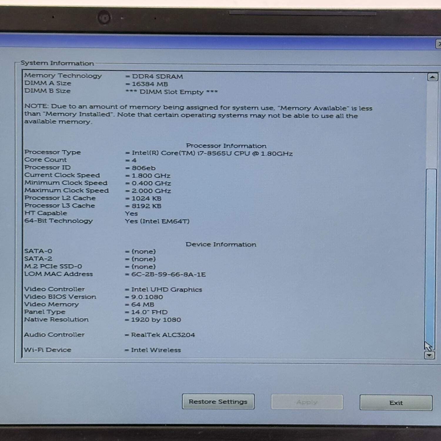 Dell Vostro P92G001 14″ i7-8565U 1.8GHz 16GB RAM (NO SSD)