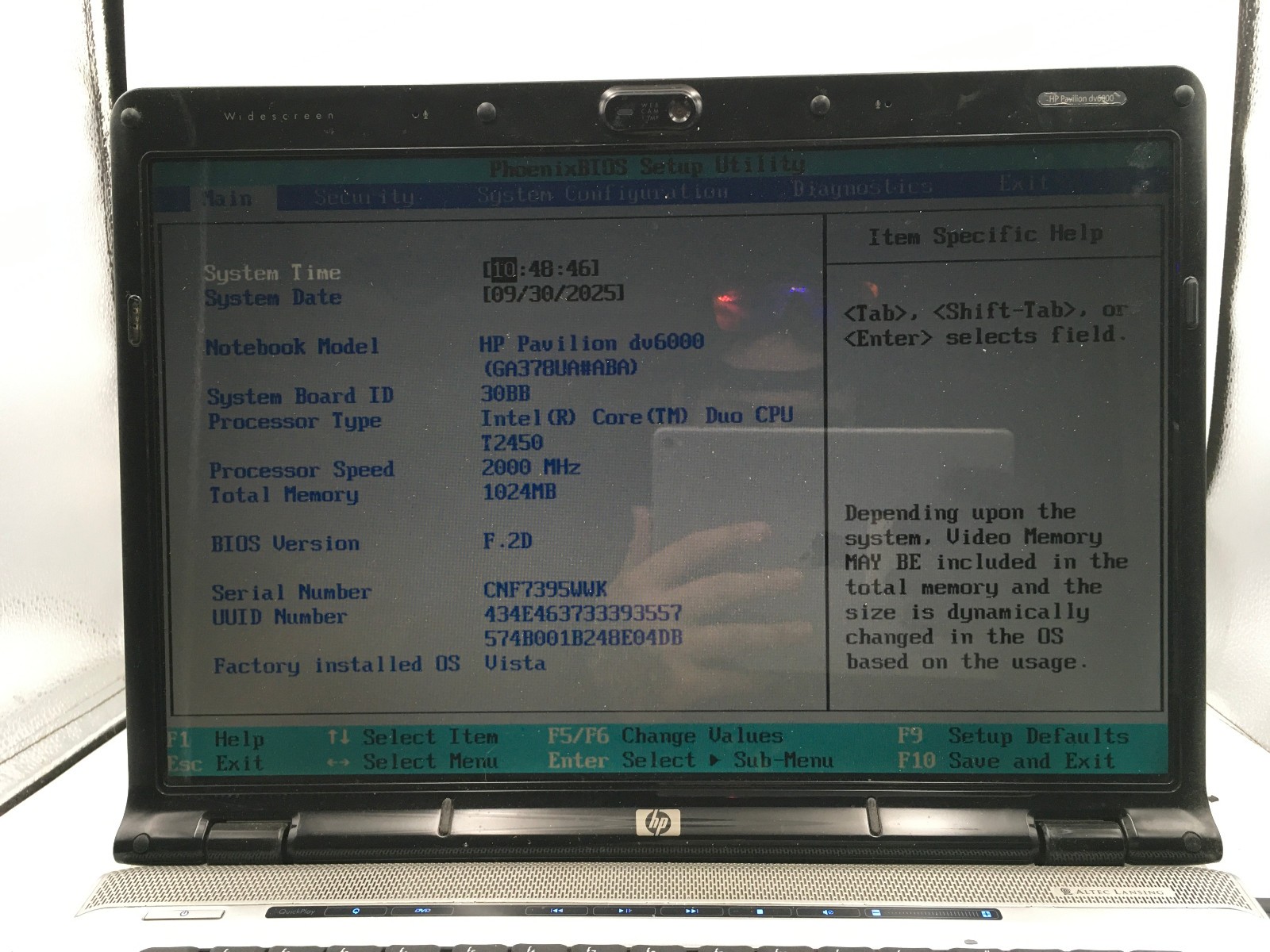 HP PAVILION DV6000 – BOOTS TO BIOS – INTEL CORE DUO T2450 – 1GB RAM – READ – BB