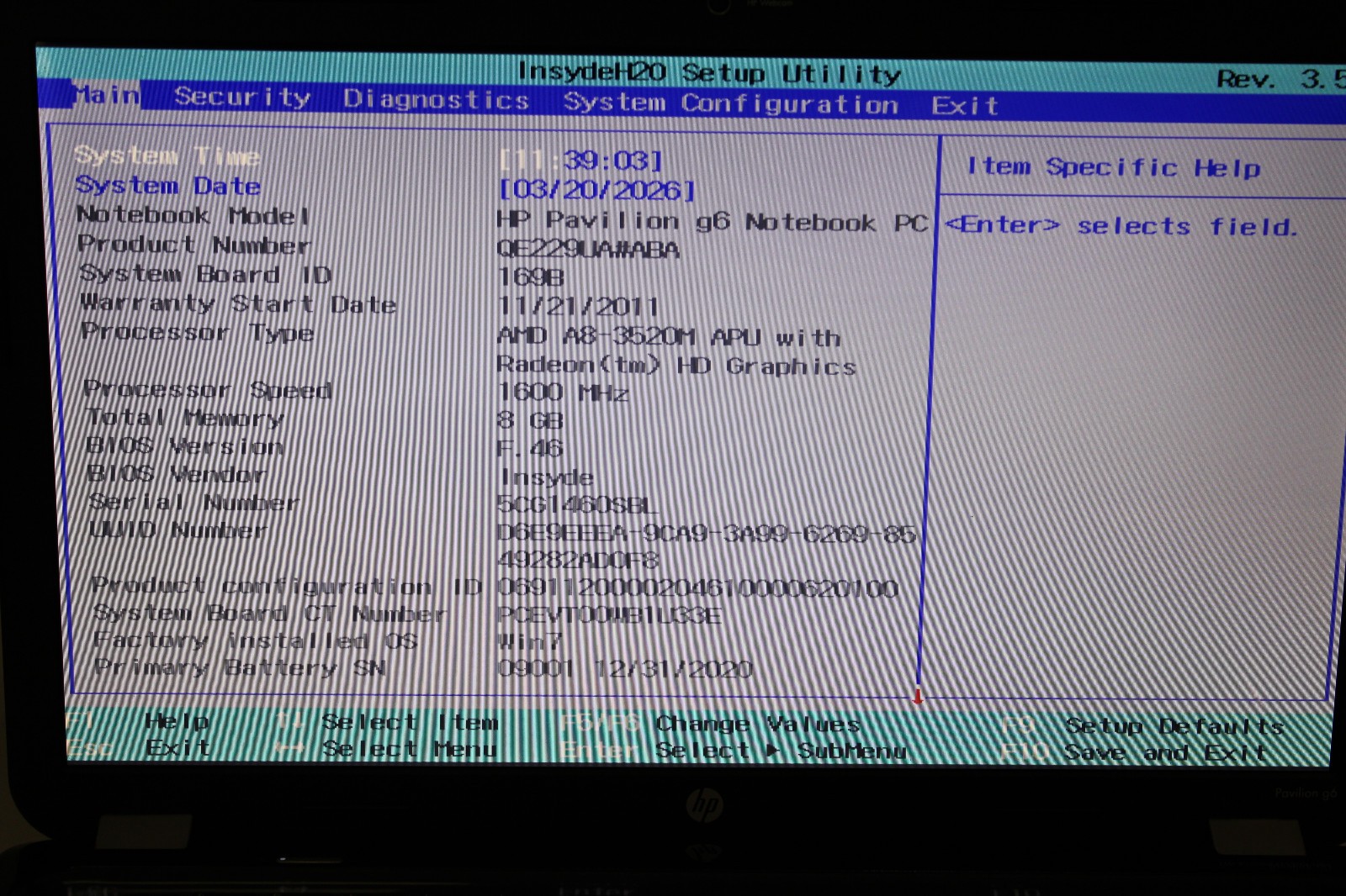 HP Pavilion G6 AMD A8-3520M @1.6 GHz 8GB RAM No SSD No OS Radeon