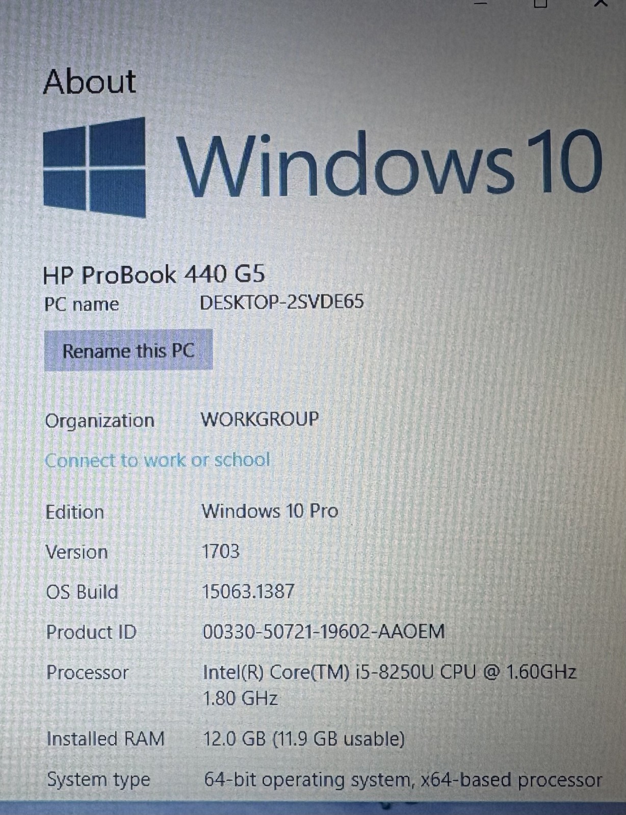 HP ProBook 440 G5 14″ HD i5-8250U @ 1.6 GHz 12 GB 500GB