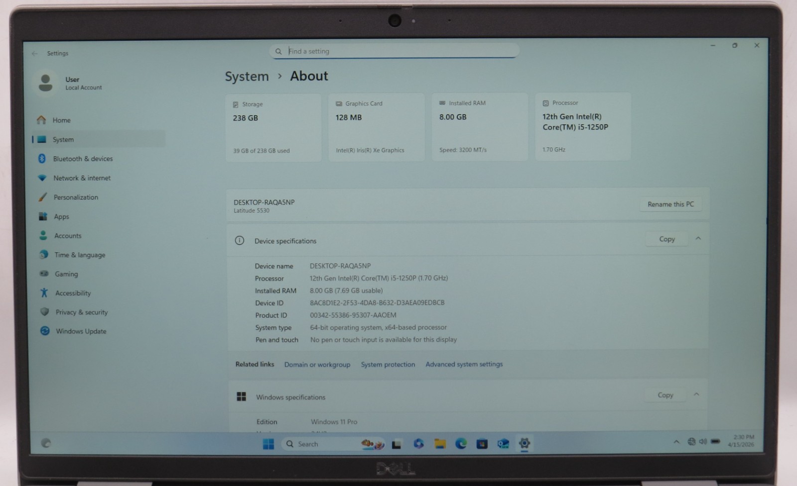 Dell Latitude 5530 | i5-1250P @ 1.70GHz | 8GB DDR4 | 256GB NVME | Win11 Pro