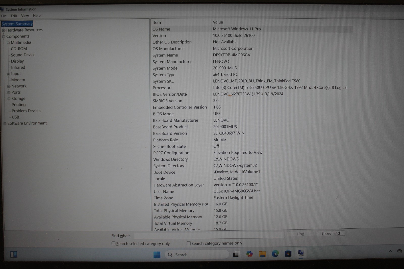 Lenovo T580 I7-8550U 256GB NvME SSD 16GB DDR4 Win11Pro