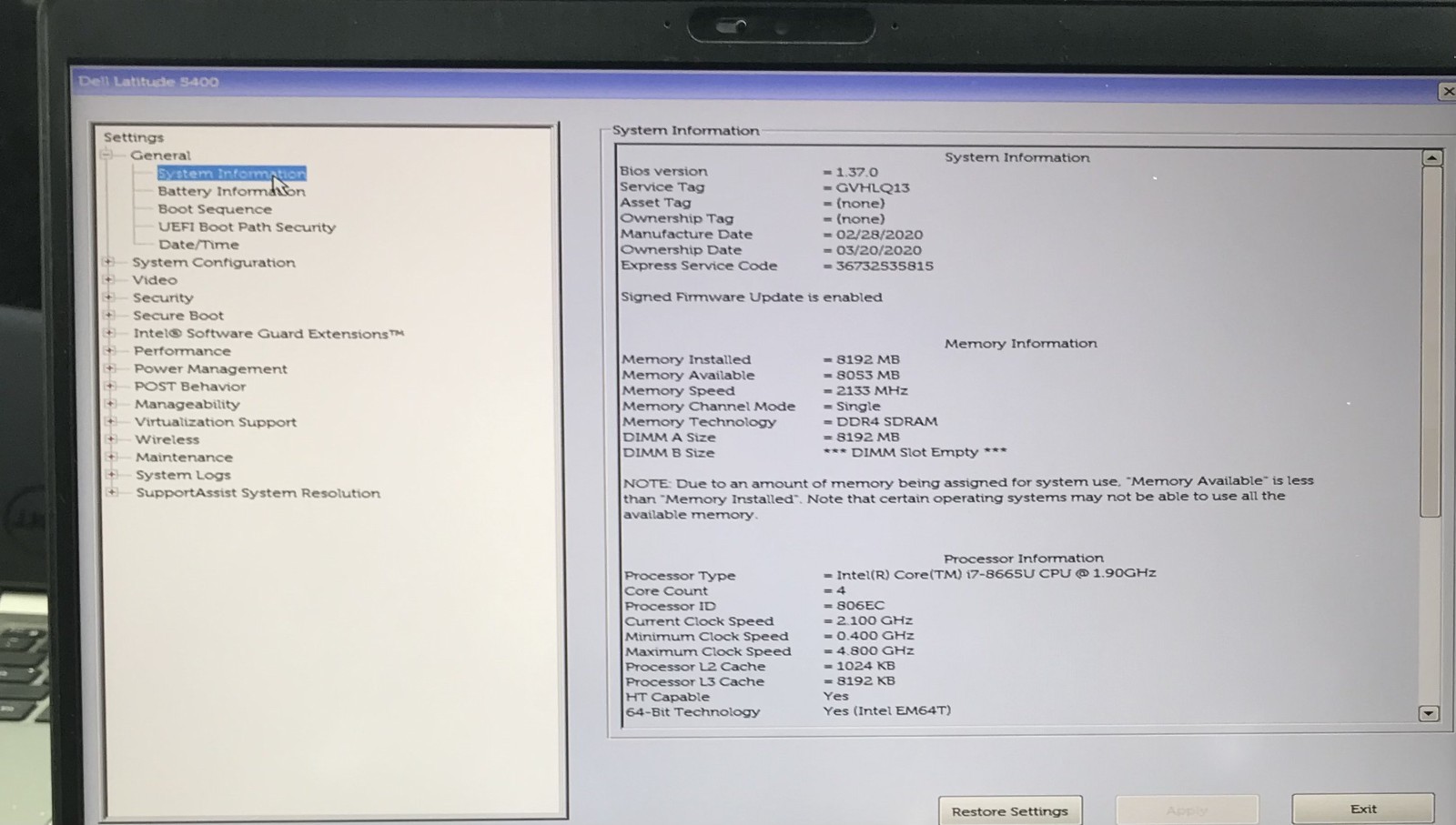 DELL LATITUDE 5400 i7-8665U@1.90GHz 8GB RAM 256GB NVMe W11P *READ