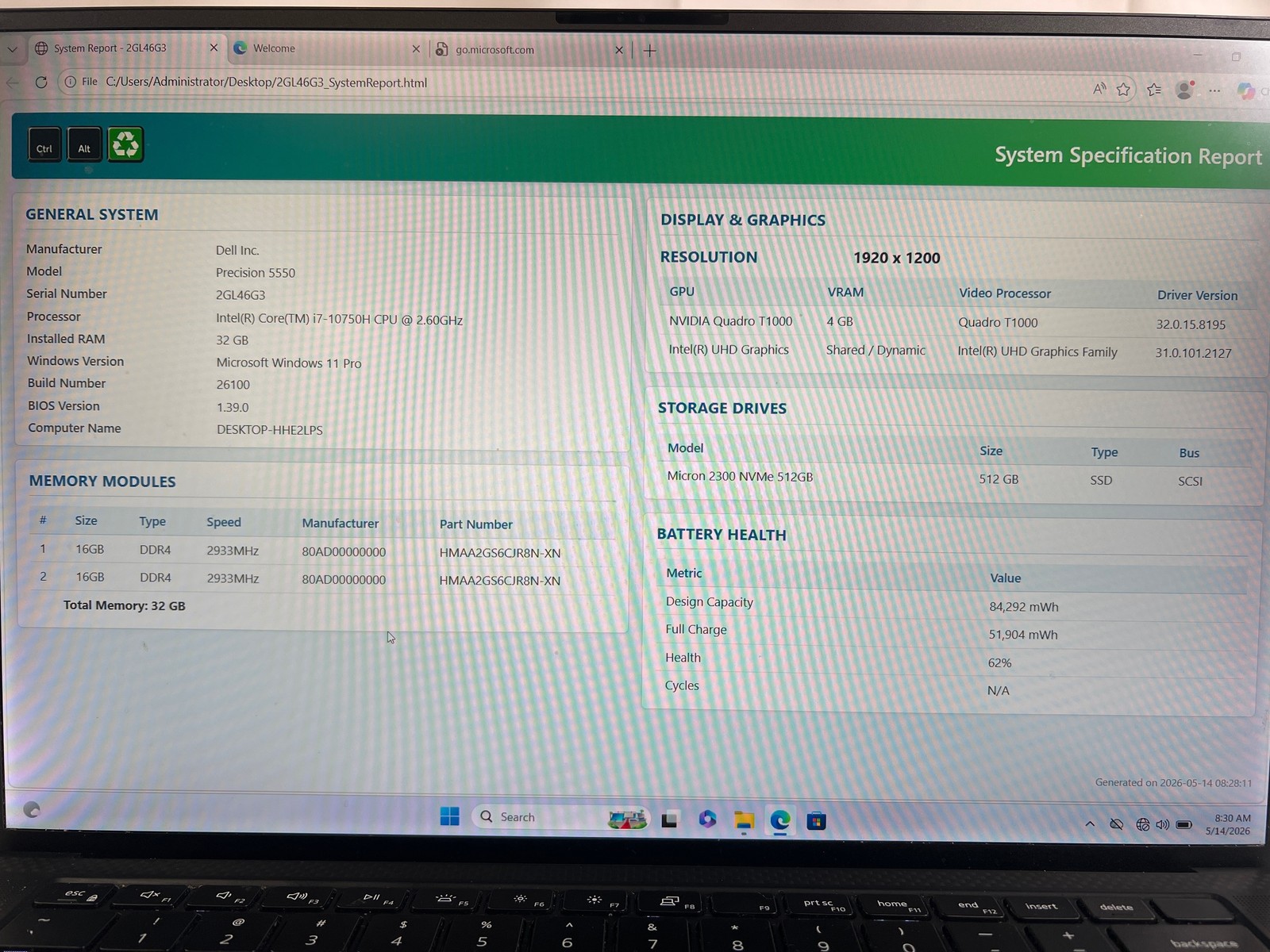 Dell Precision 5550 Intel Core i7-10750H 32 GB 512GB SSD 15.6″