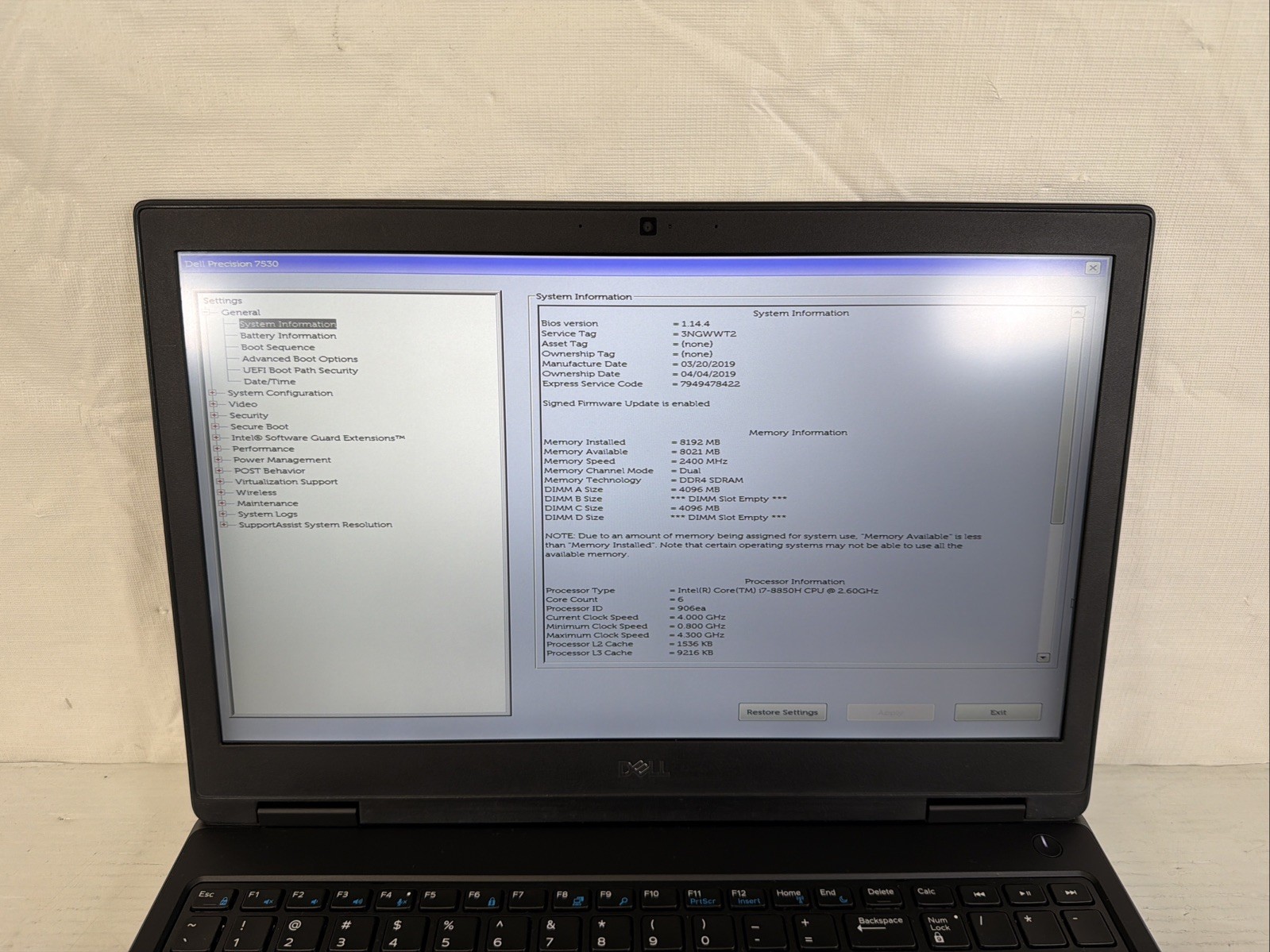 Dell Precision 7530 Intel i7-8850H 8GB NO SSD/OS Quadro P2000 15.6″ Excel Batt