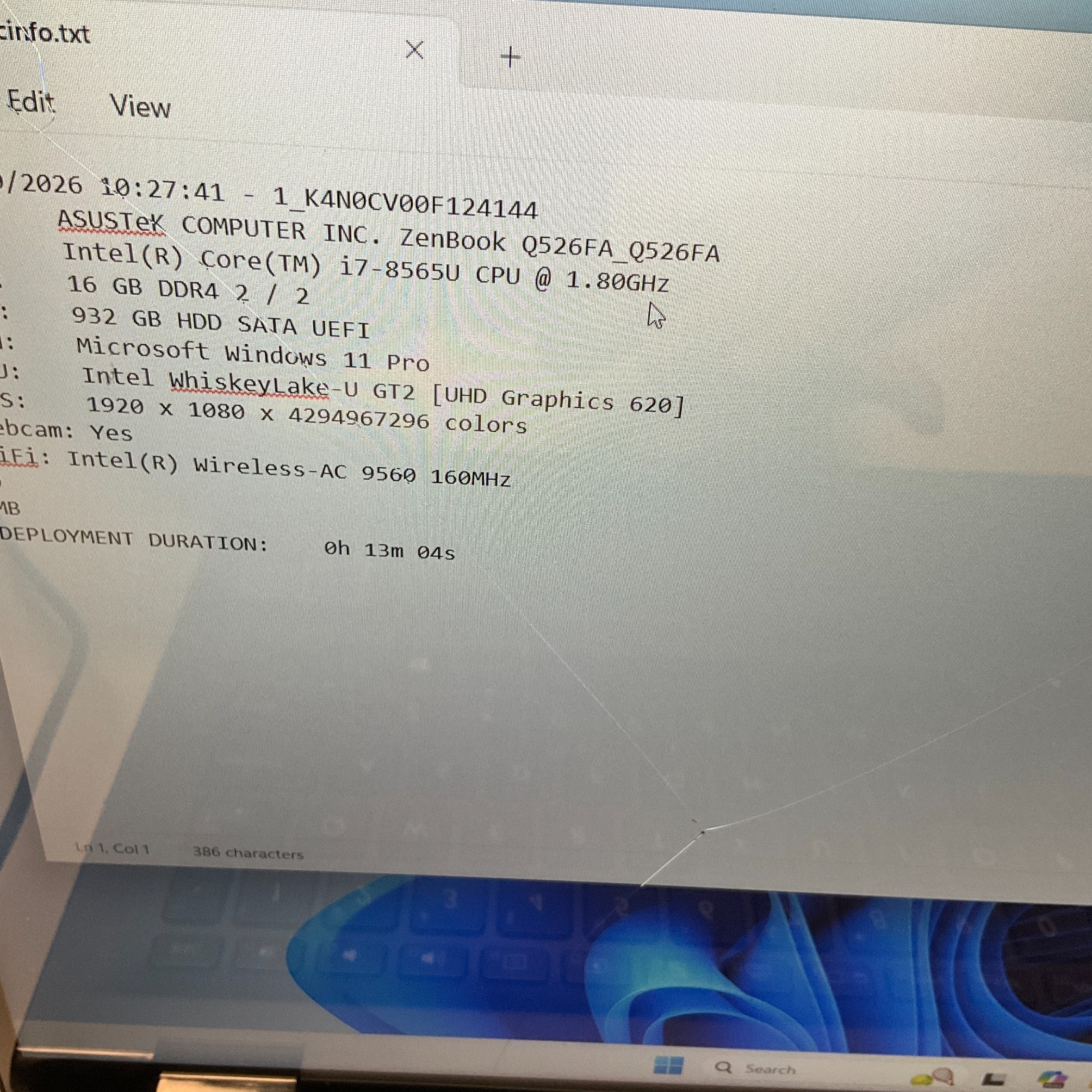 Asus Zenbook 15 Q526FA 15.6″ i7-8565U 1.80GHz 16GB 1TB HDD Win 11 Pro READ