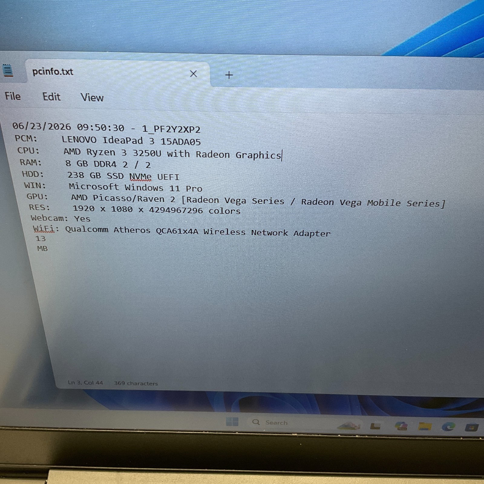 Lenovo IdeaPad 3 15ADA05 Laptop Ryzen 3 3250U 2.60GHz 8GB 256GB SSD Win 11 Pro