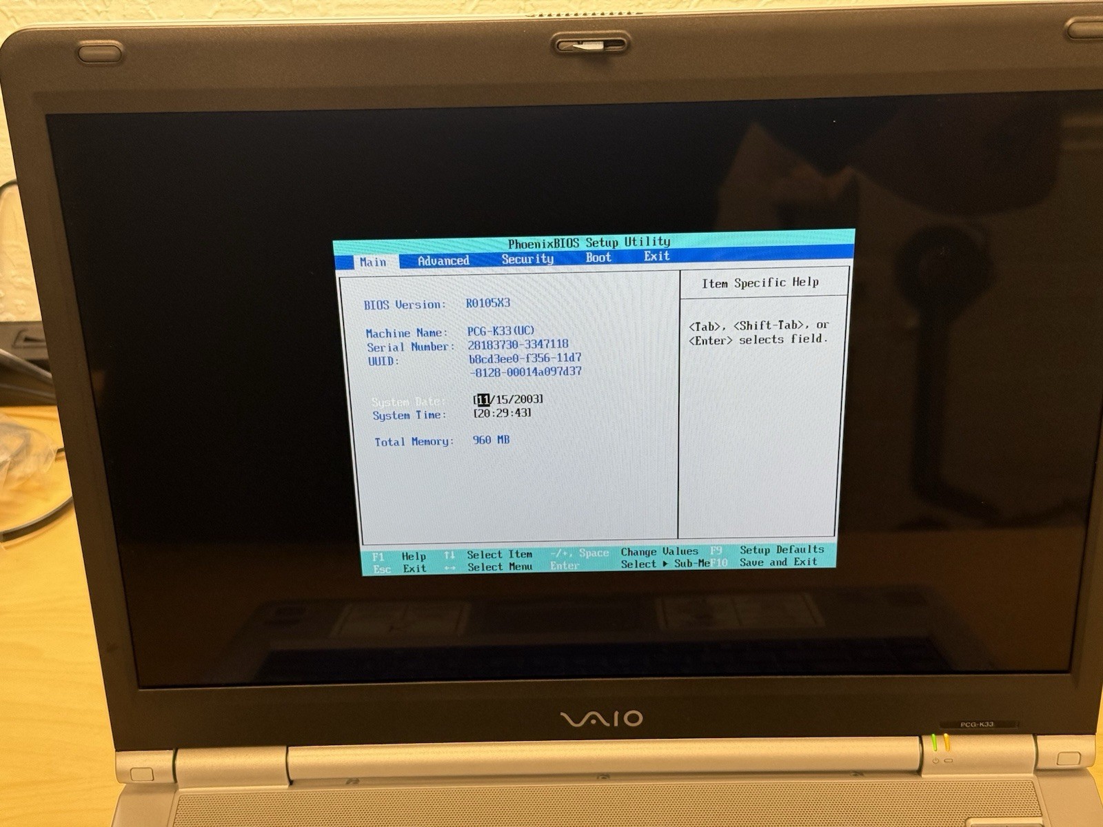 Sony Vaio Notebook Laptop PCG-9S1L PCG-K33 Boots To Bios *No HDD* Read