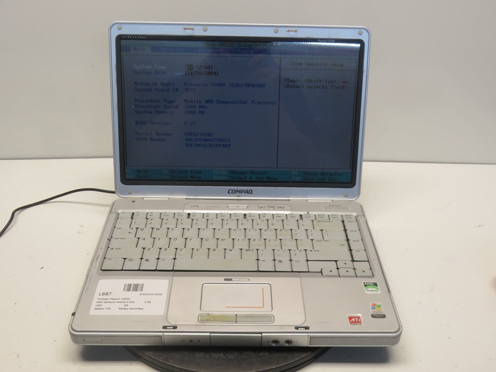Compaq Presario V2000 AMD Sempron Mobile 2 GHz 5 GB NO HDD No Batt
