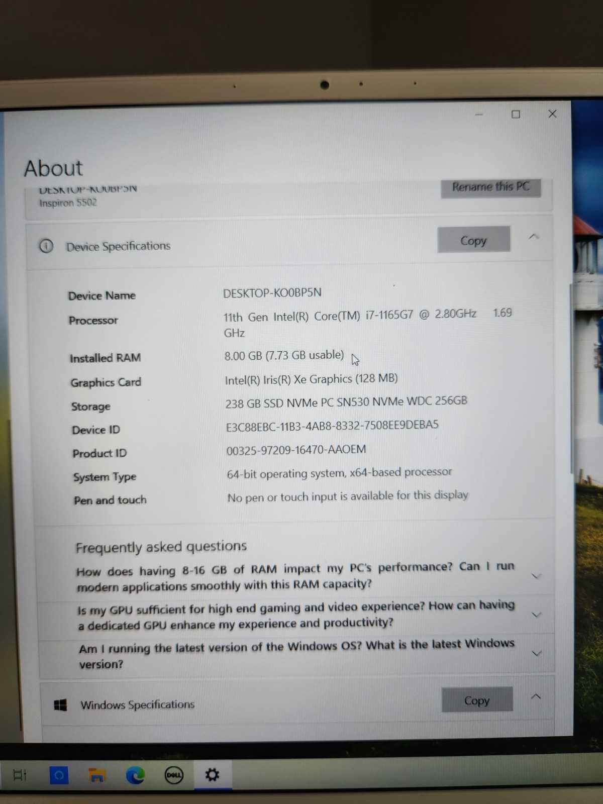 Dell Inspiron 15″ Screen Laptop KO0BP5N