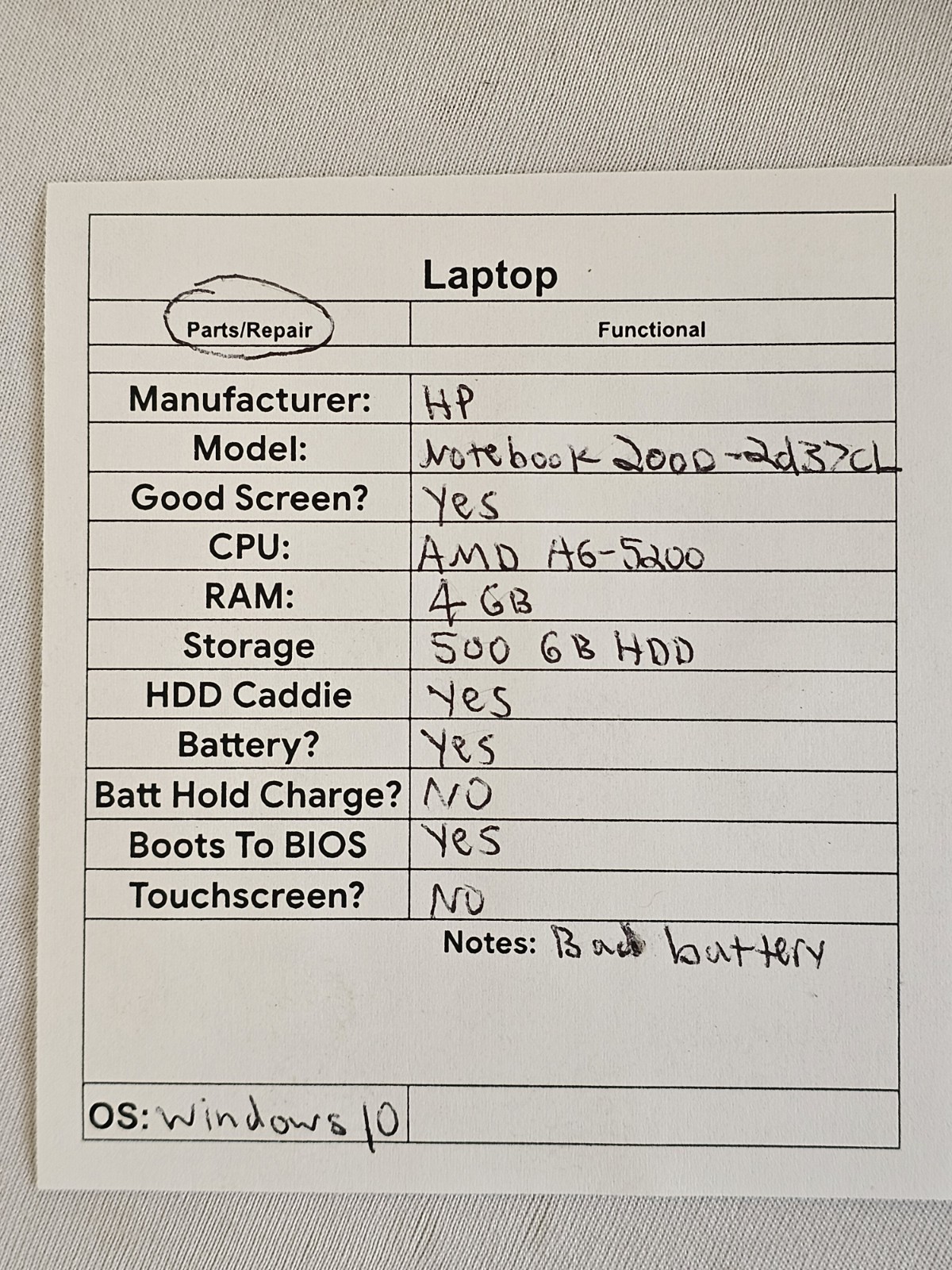 HP Notebook 2000 Laptop – AMD A6-5200 – 4GB RAM – 500GB HDD BAD BATT Windows 10