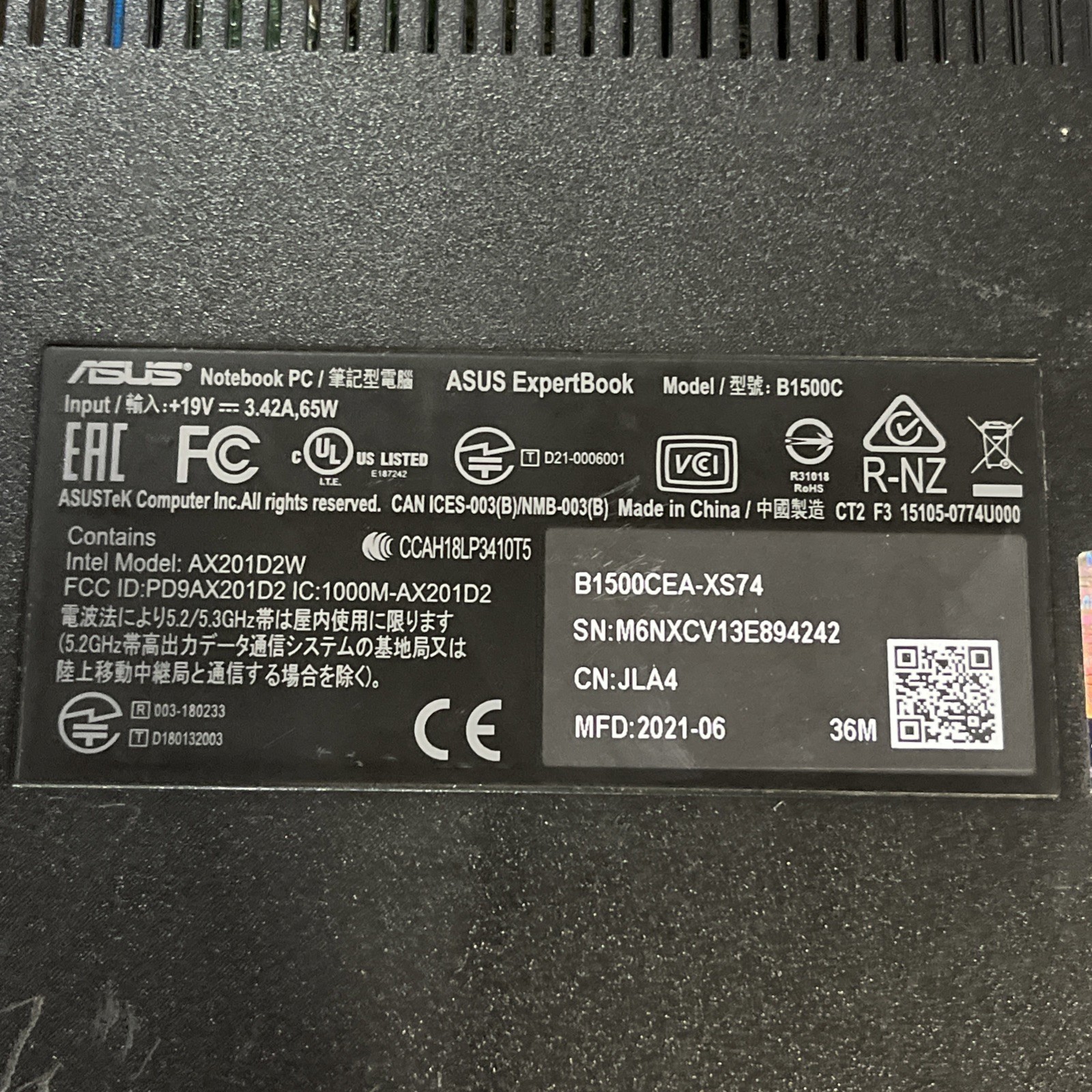 ASUS EXPERTBOOK B1500C INTEL CORE I7 12GB RAM NO HD