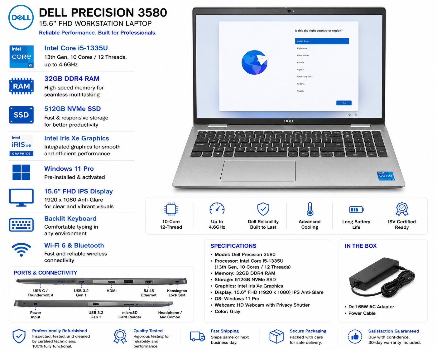 Dell Precision 3580 15.6” FHD Workstation Intel i5-1335U 32GB RAM 512GB Win 11P