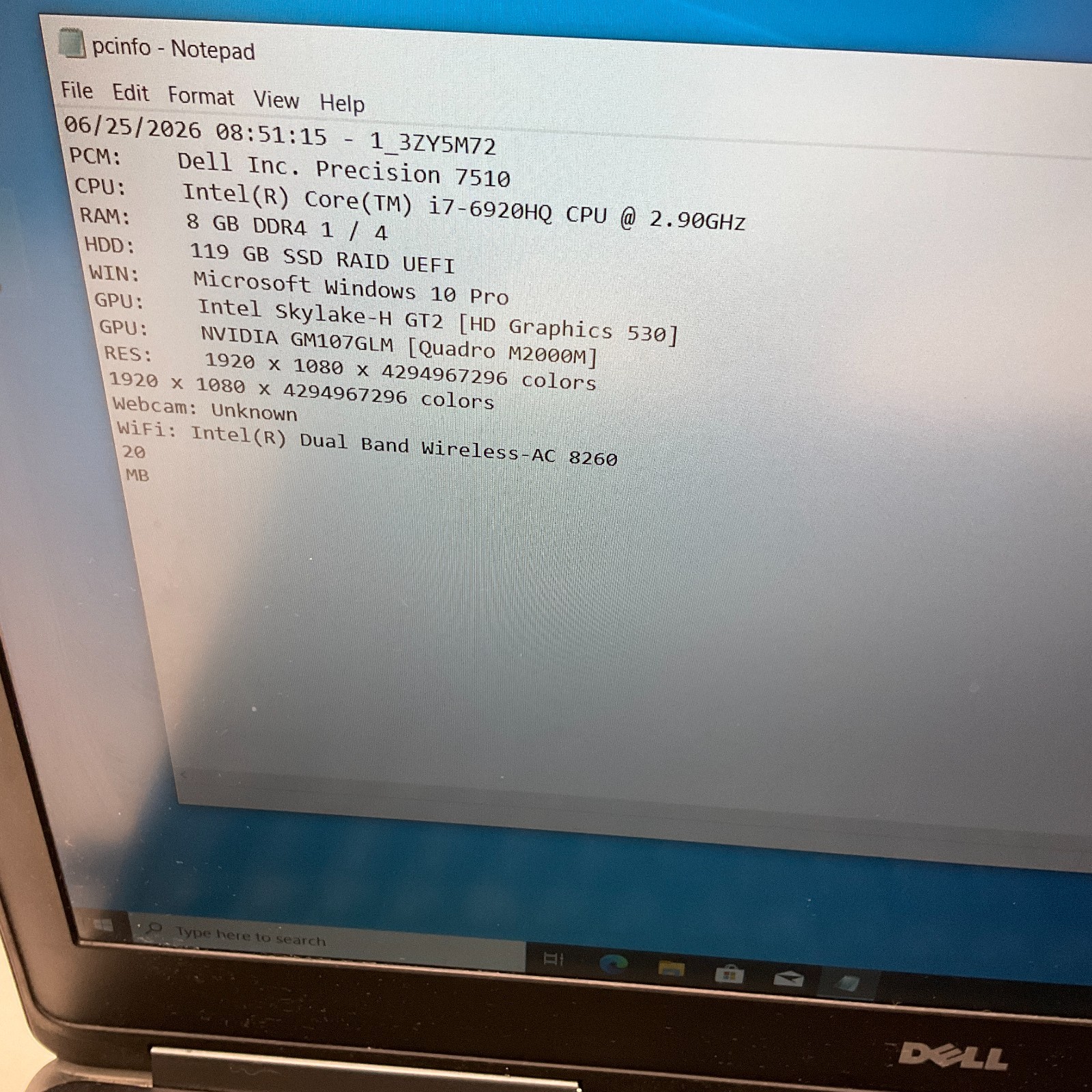 Dell Precision 7510 15.6″ i7-6820HQ 128GB SSD 8GB Windows 10 Pro Laptop M2000M