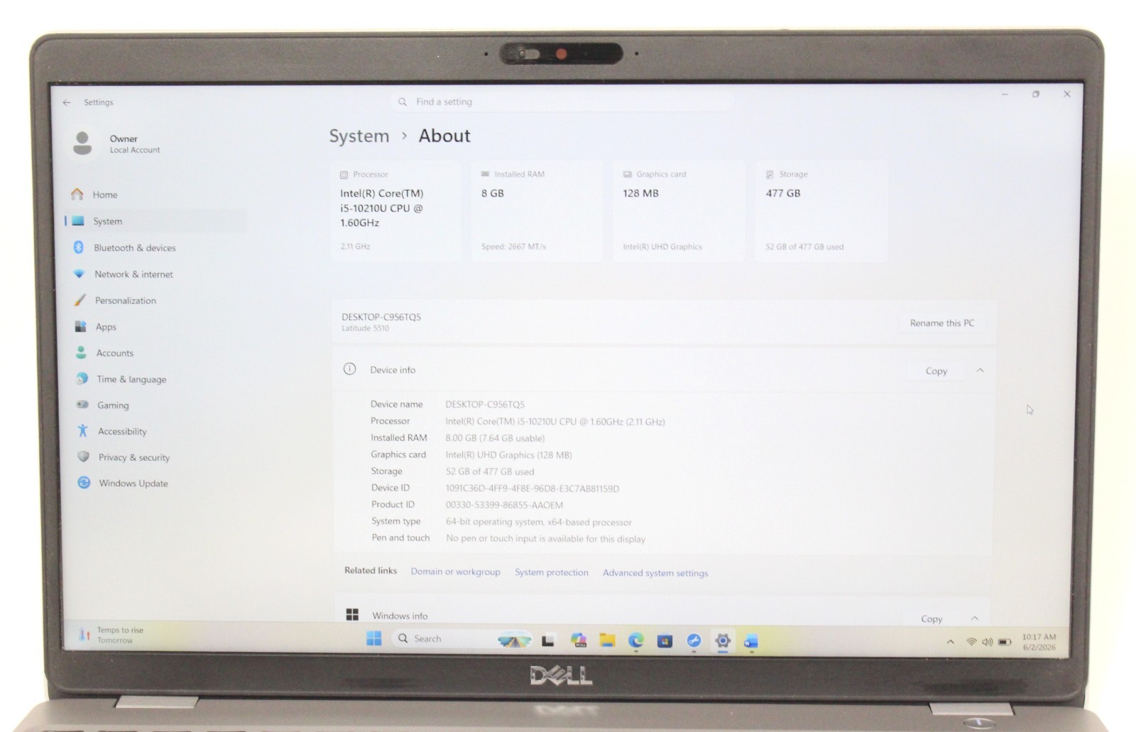 Dell Latitude 5510 15.6″ 1.6GHz i5-10210U 512GB SSD 8GB RAM Win 11 Pro ; 6181973
