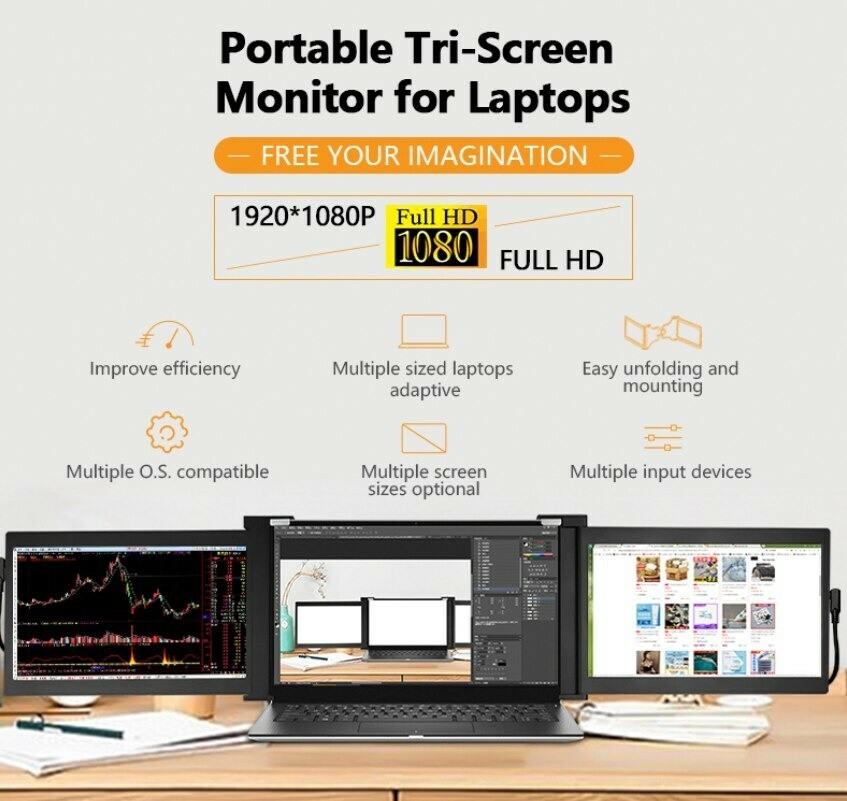 Portable Tri-Screen for Laptop Monitor 13,3″ 1920×1080 USB-C HDMI Gaming Display
