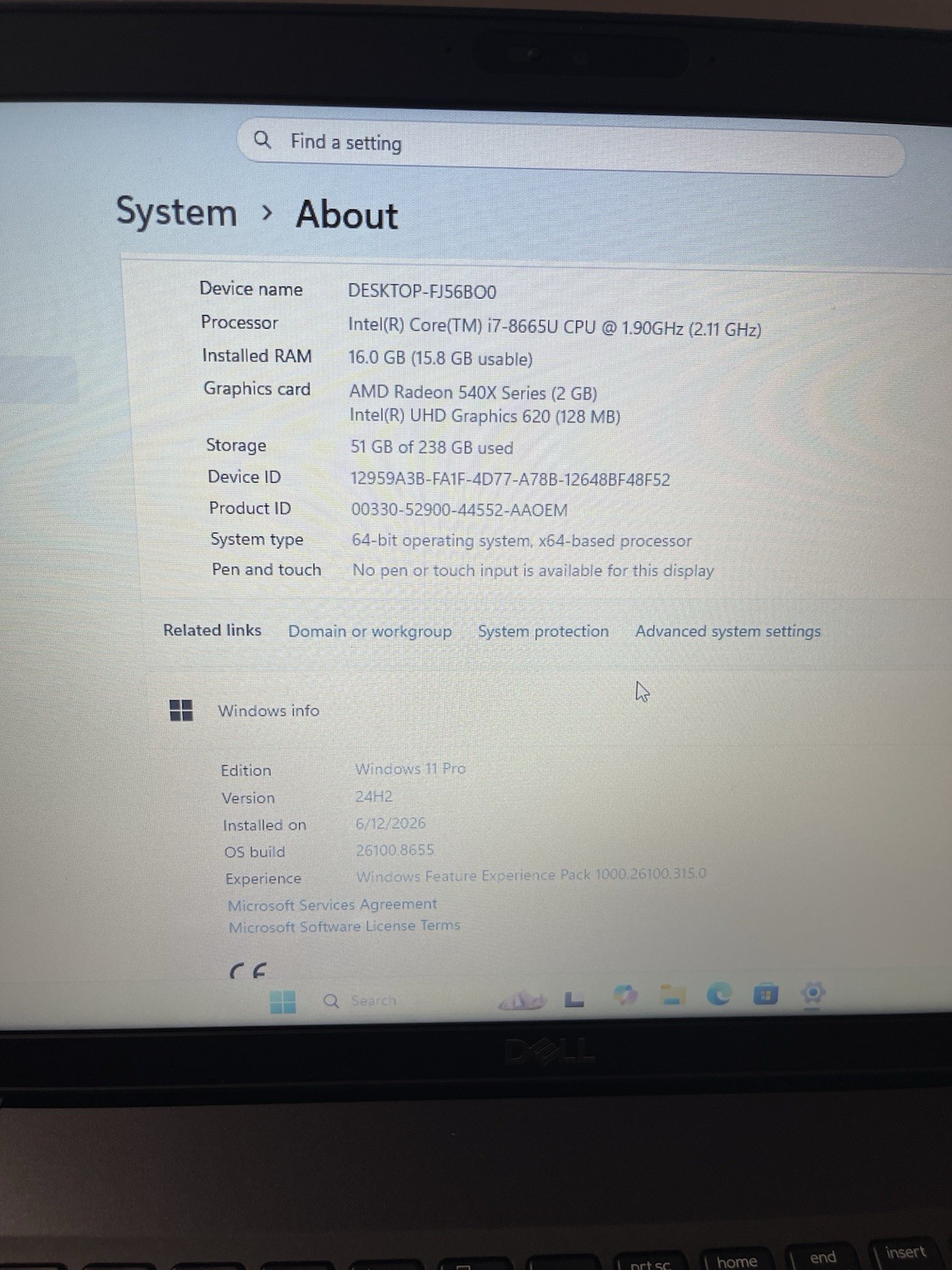 Dell Latitude 5500 15.6″ i7-8665U 16GB RAM 256GB SSD Win11 Pro Radeon 540X