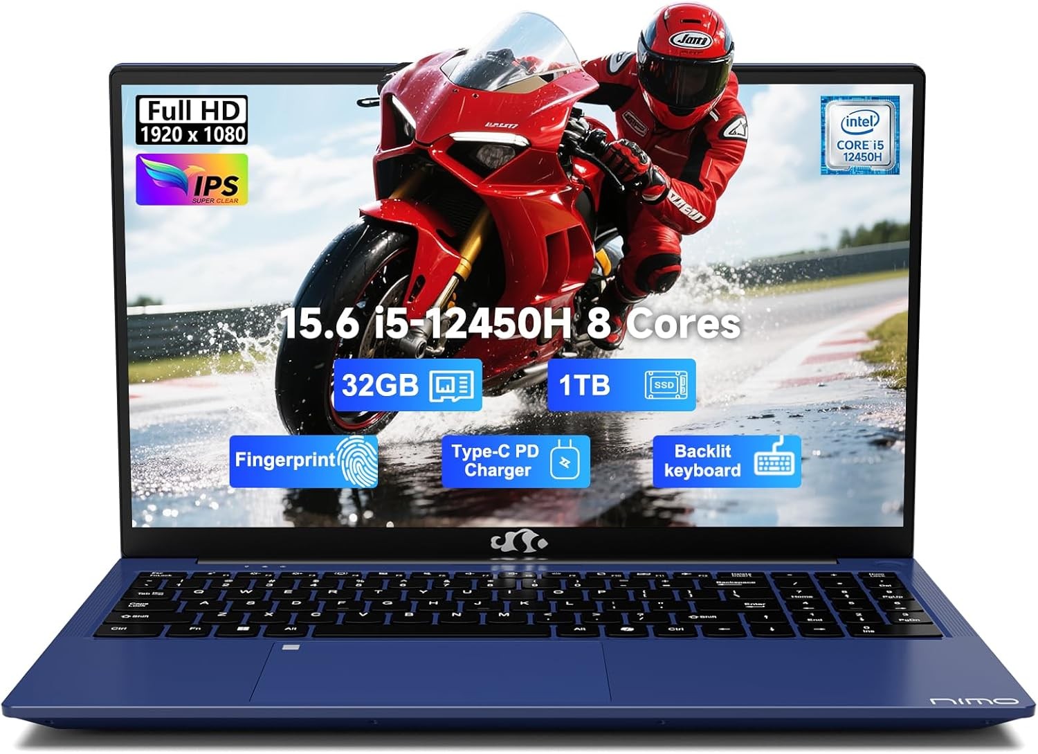 NIMO 15.6″ FHD lPS Laptop, 8 Cores Intel i5-12450H 16GB RAM 1TB SSD 100W Type-C