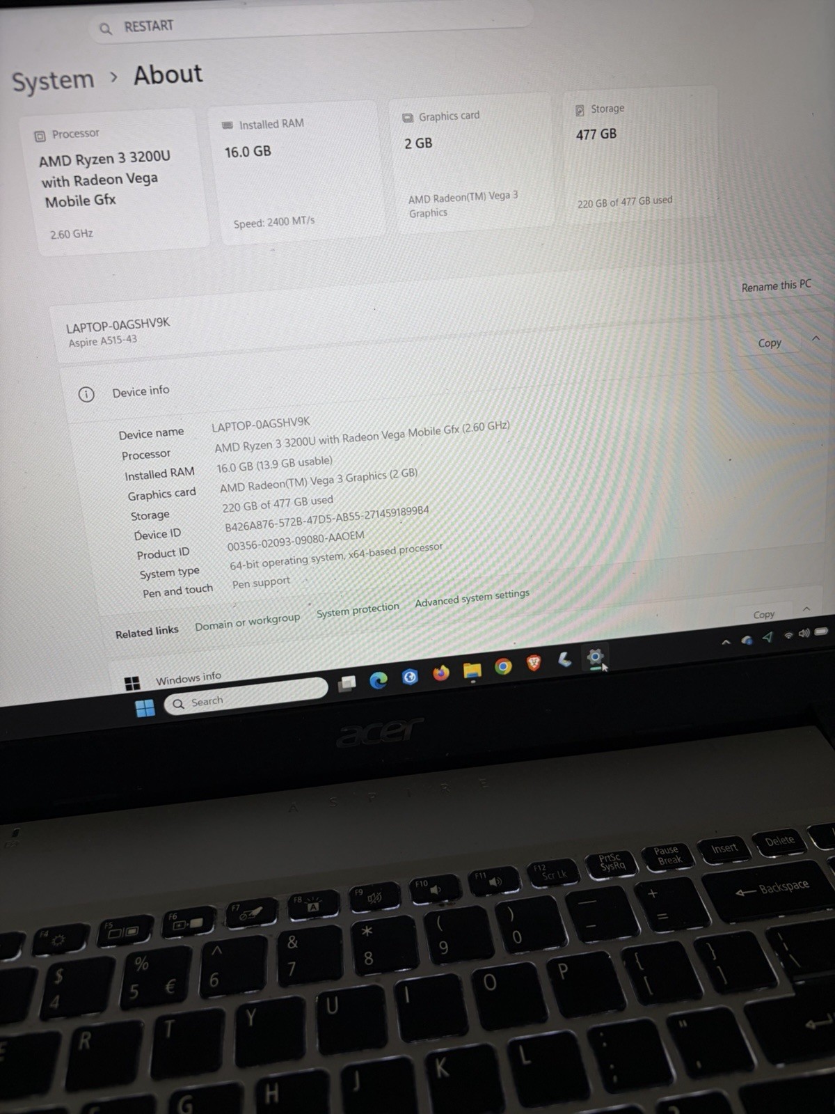 Acer Aspire 5 15.6″ (512 GB SSD, 16GB Ram AMD Ryzen 3200U, 2.6GHz) Laptop