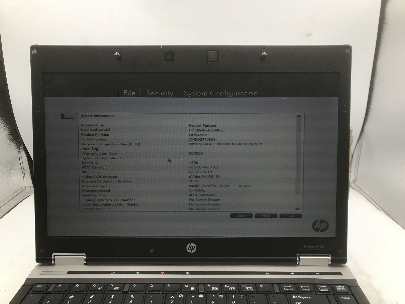 HP PROBOOK 8440P – BOOTS TO BIOS – INTEL I5 M540 – 4GB RAM – NO OS – READ – BB!!
