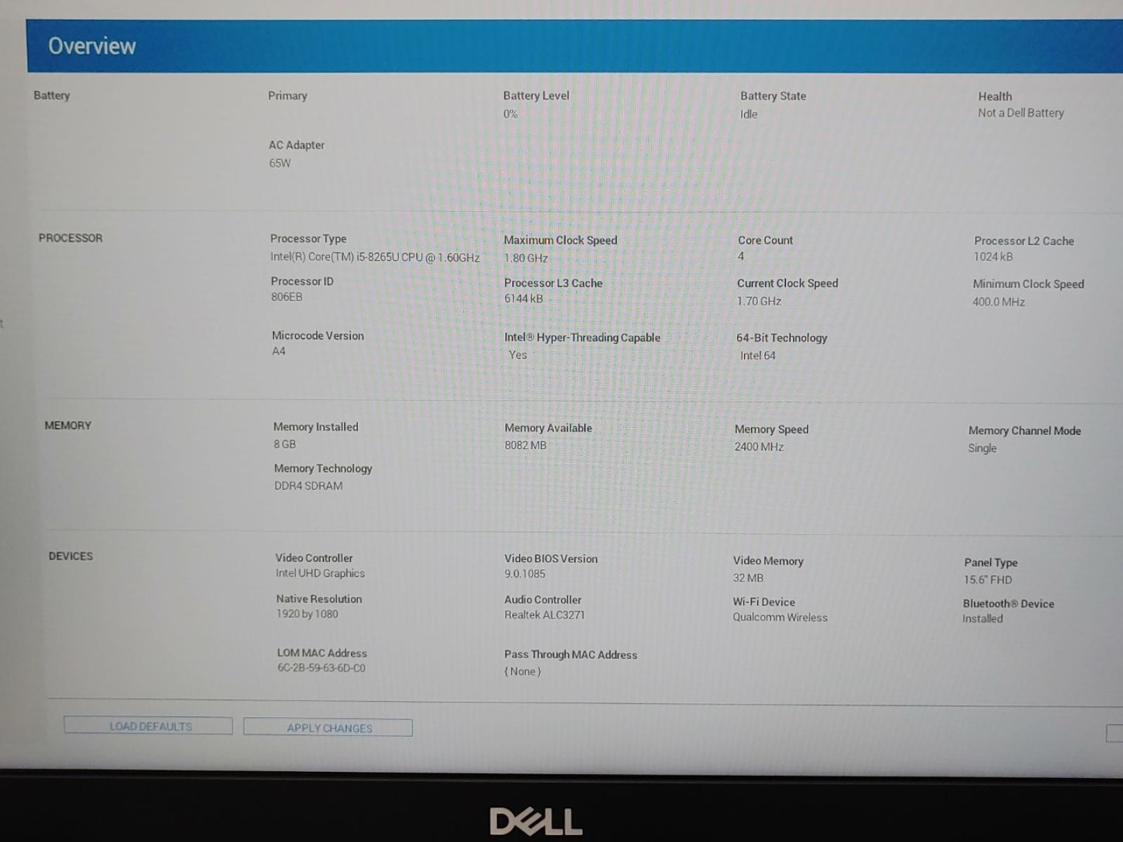 Dell Inspiron 5584 15.6″ Intel i5-8265U 8GB *NO SSD/NO OS/NO AC* **BAD BATTERY**