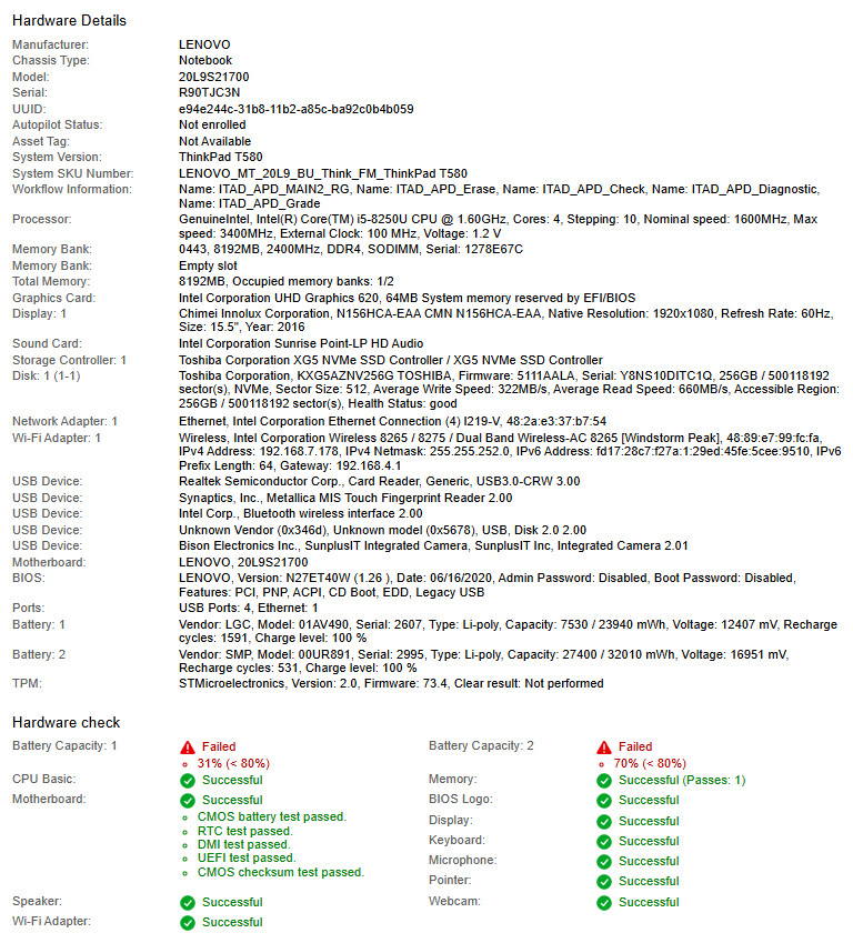 Lenovo ThinkPad T580, i5-8250U CPU, @ 1.60GHz, 8GB RAM, 256GB NVMe-No OS/Charger