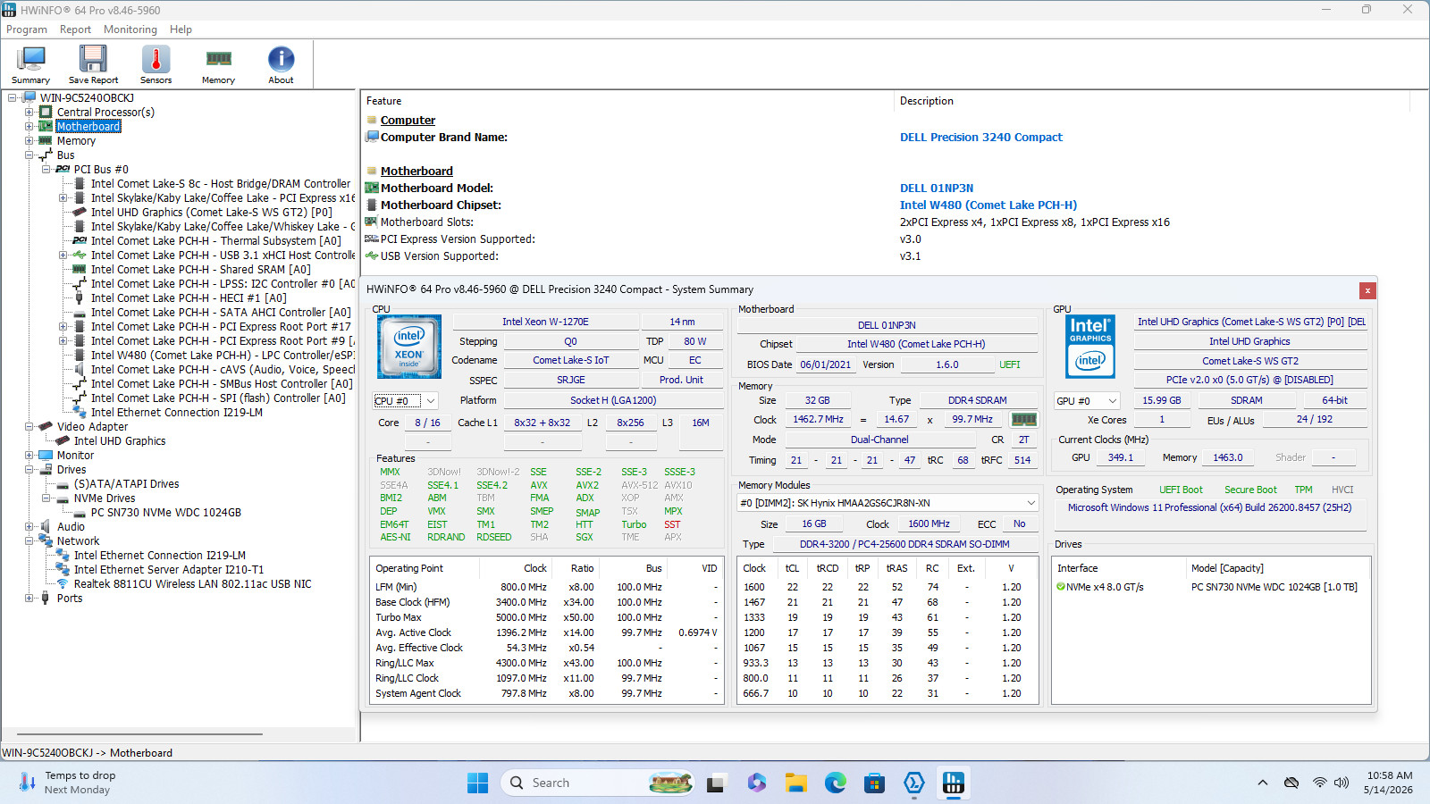 Dell Precision 3240 Compact 19″ XEON W-1270 1TB SSD 32GB W11P