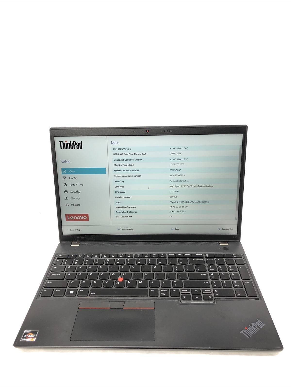 Lenovo ThinkPad L15 G3, AMD Ryzen 7 Pro 5875U @2.00Ghz, 8GB RAM, NO SSD/OS
