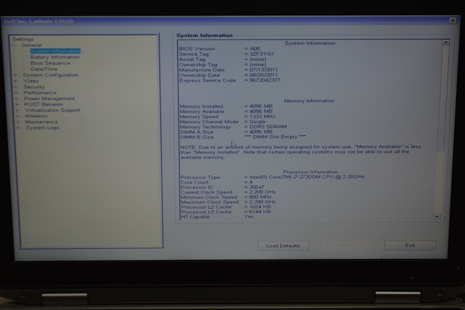 Dell Latitude E6520 Intel Core i7-2720QM 2.20GHZ 4GB Ram No HD #Z449
