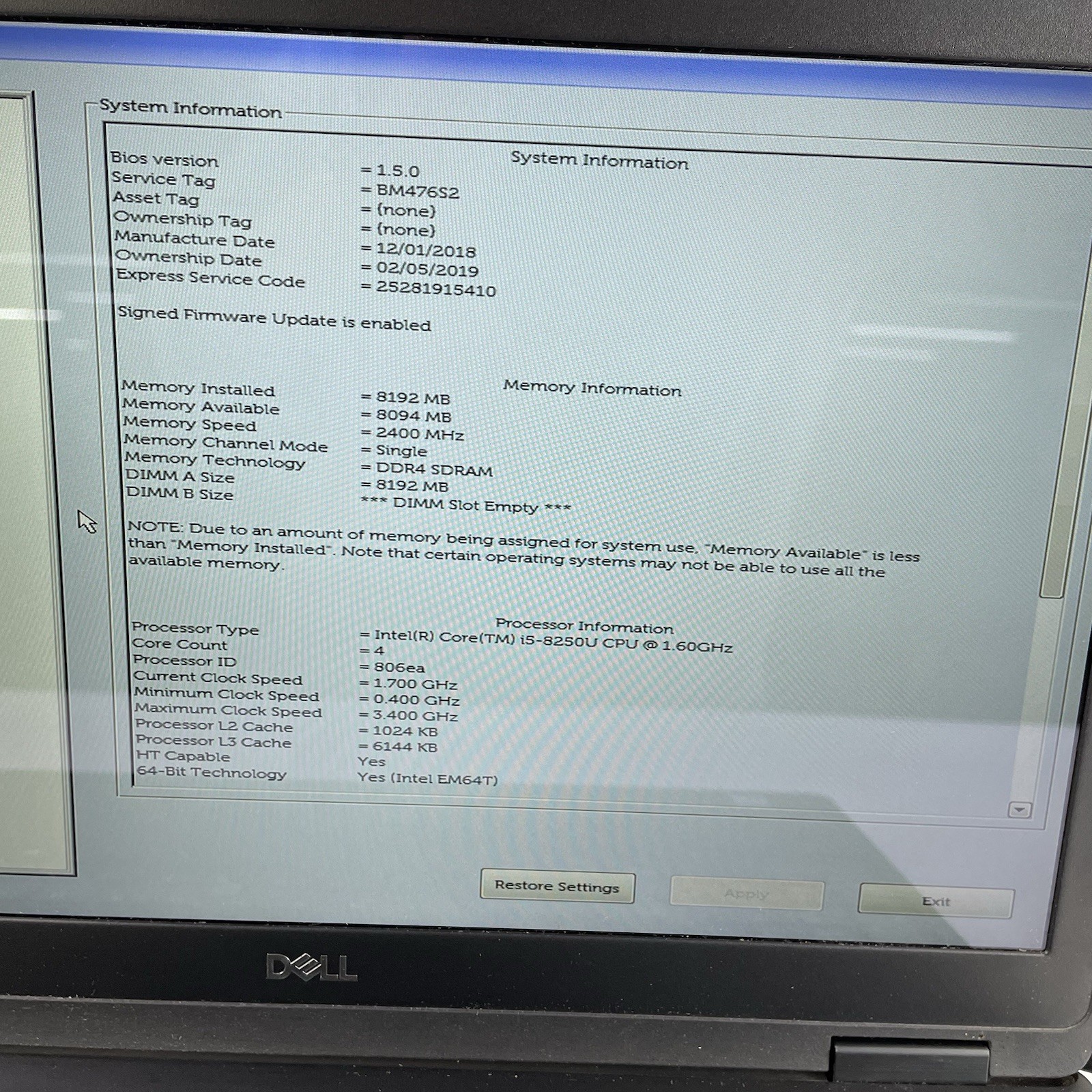 Dell Latitude 5590 15.6″ i5-8250U 1.6 GHz 8GB RAM No SSD No OS – Bad Corner READ