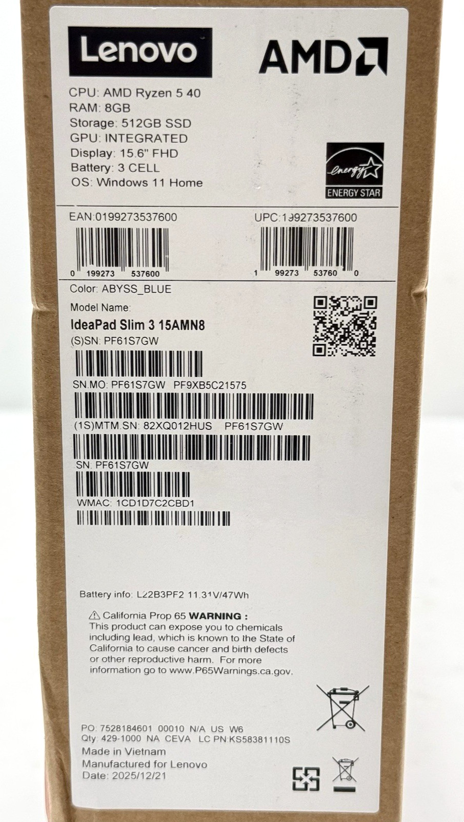 Lenovo IdeaPad Slim 3 15.6″ Laptop AMD Ryzen 5 40 2025 8GB RAM 512GB SSD – BLUE
