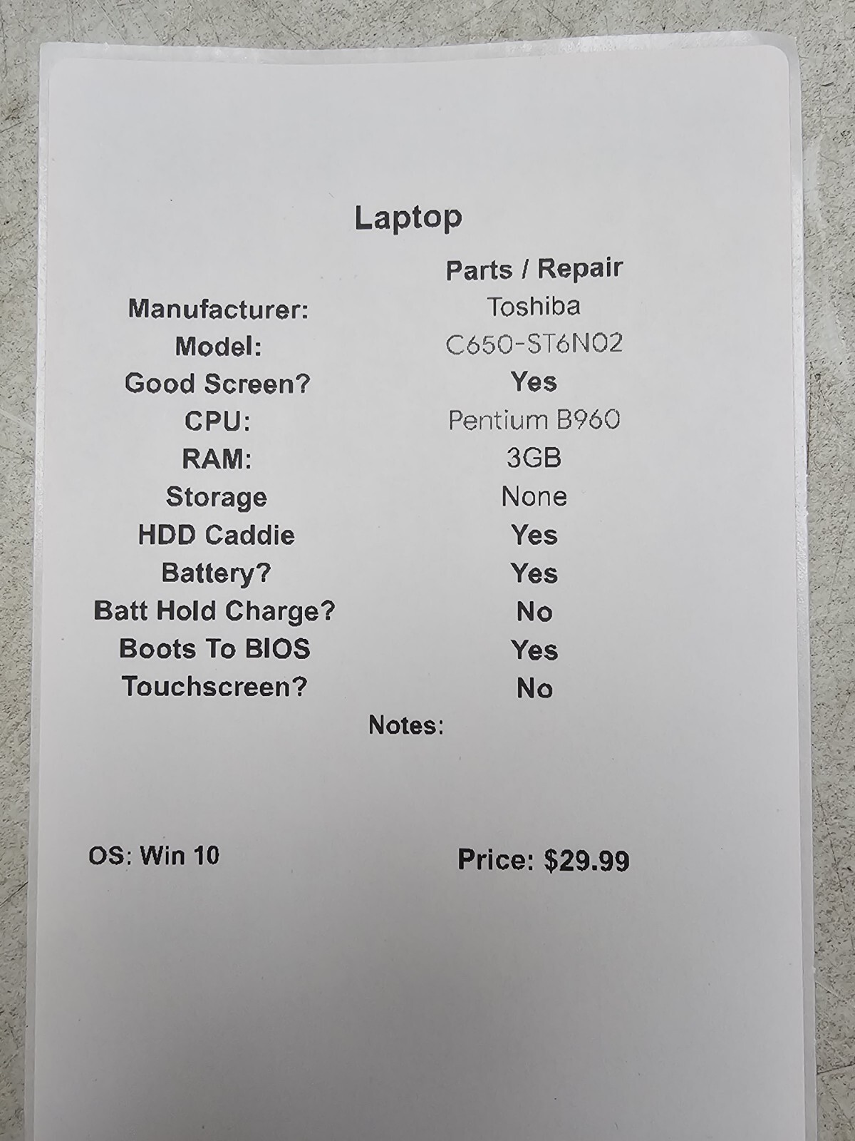 Toshiba Satellite C650-ST6N02 – Pentium B960 – 3GB RAM – NO HDD – Read Desc.