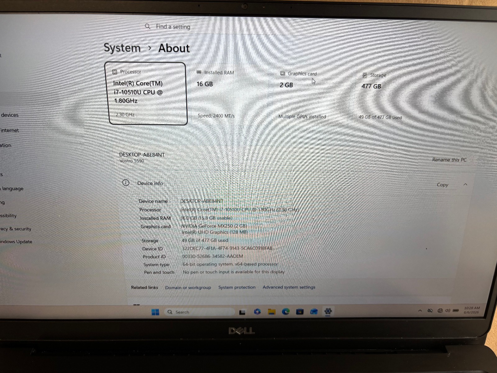 DELL VOSTRO 5590 i7-10510U 1.80GHZ RAM 16GB NVME 512GB SEE THE PHOTO MX 250 2GB