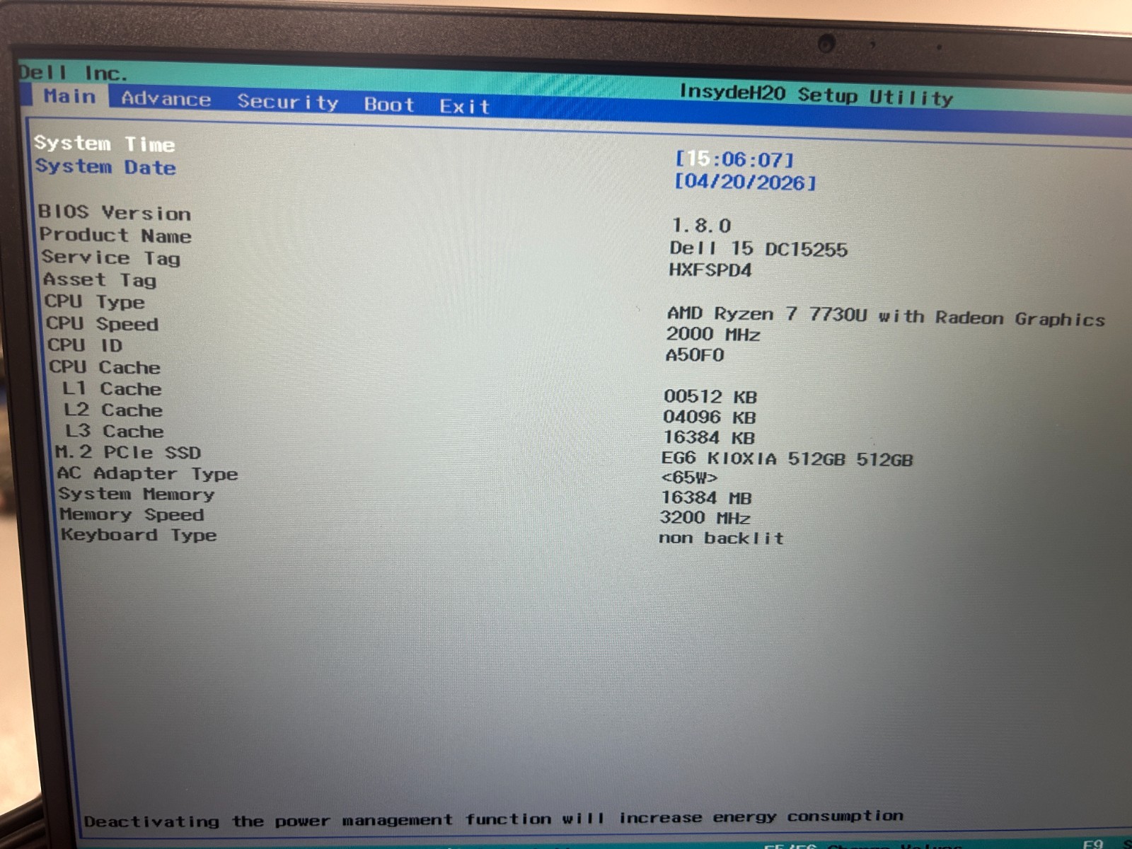 DELL 15 DC15255 G8MK9, AMD Ryzen 7 7730U, 2.00 GHz, 16 GB RAM 512 GB NVMe