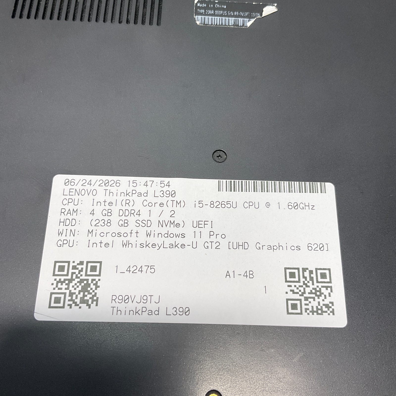 Lenovo ThinkPad L390 Intel Core i5-8265U 1.6GHz 4GB RAM 256GB SSD Win 11 Pro