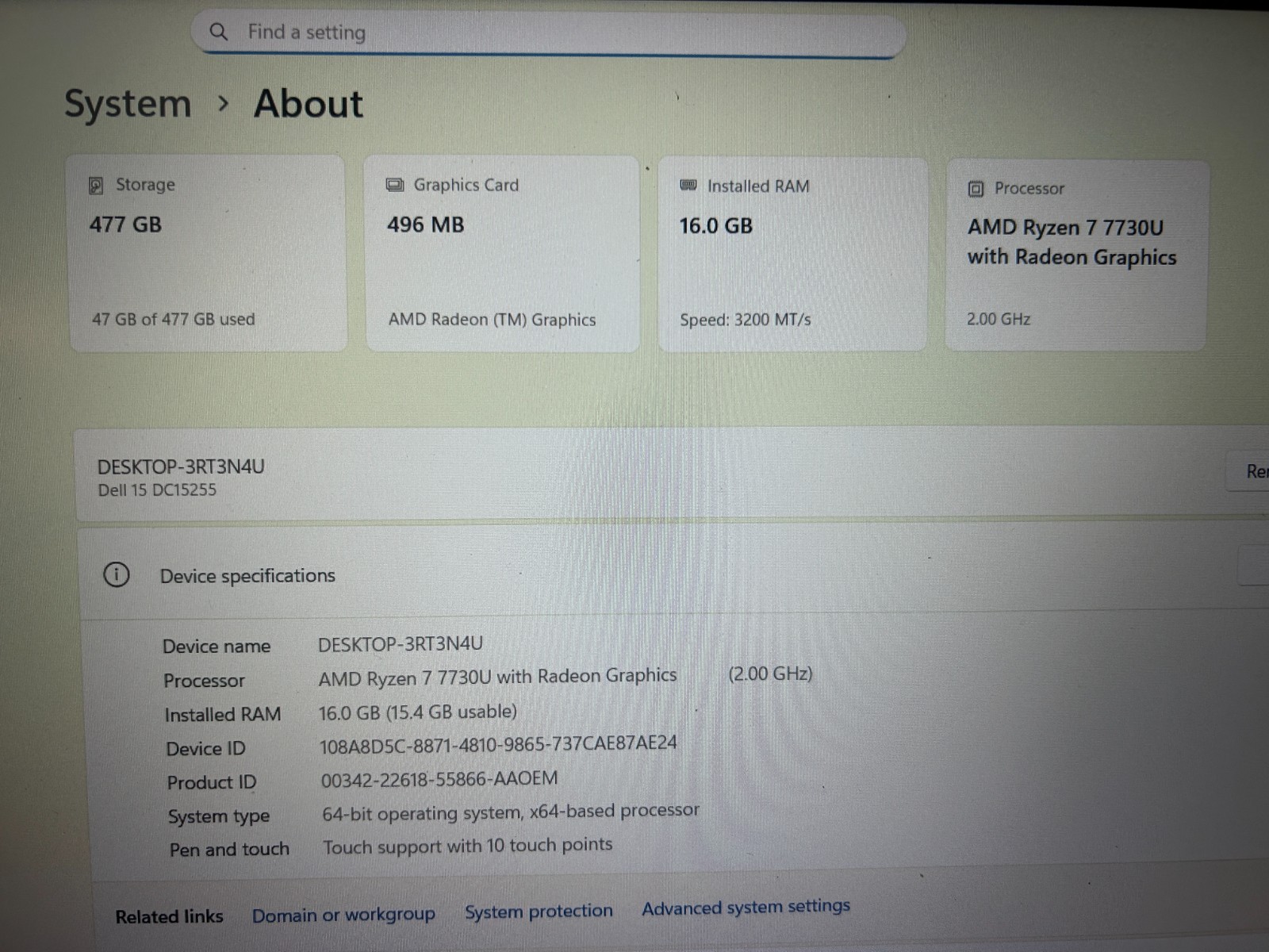 DELL 15 DC15255 G8MK9, AMD Ryzen 7 7730U, 2.00 GHz, 16 GB RAM, 512 GB NVMe