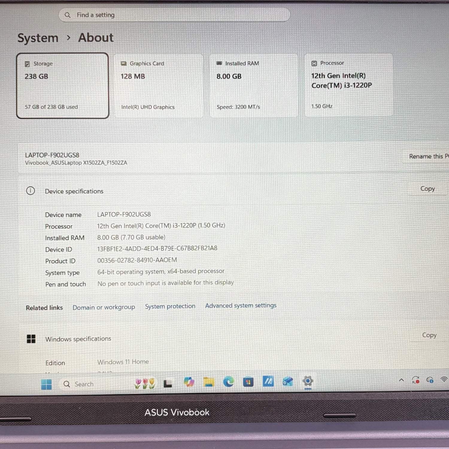Asus Vivobook 15 F1502Z 15.6″ i3-1220P 1.5GHz 8GB RAM 256GB SSD