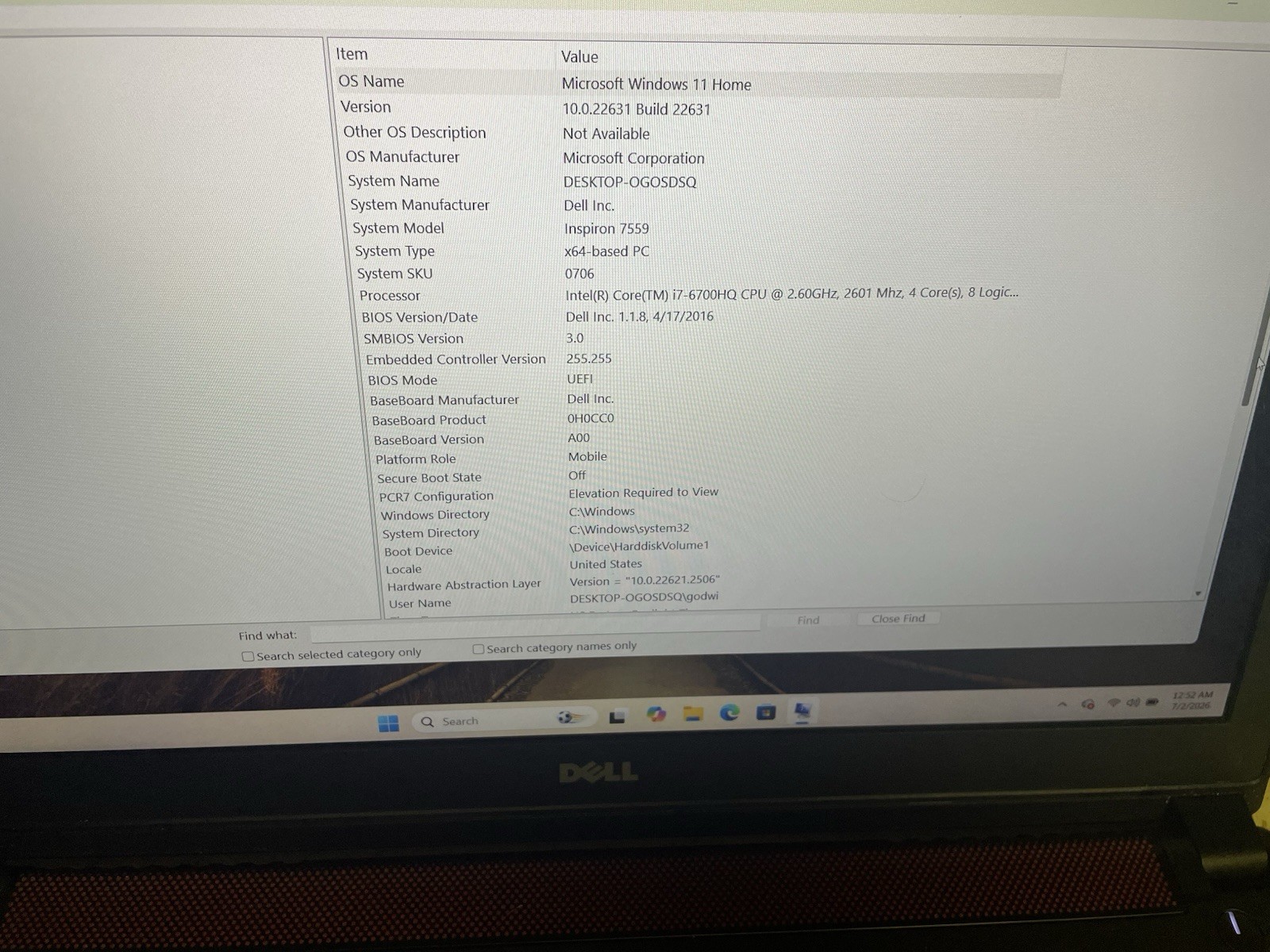 Dell Inspiron 7559 Gaming Laptop 16GB RAM, 128GB SSD, GTX 960M(4GB)WIN 11 HOME.