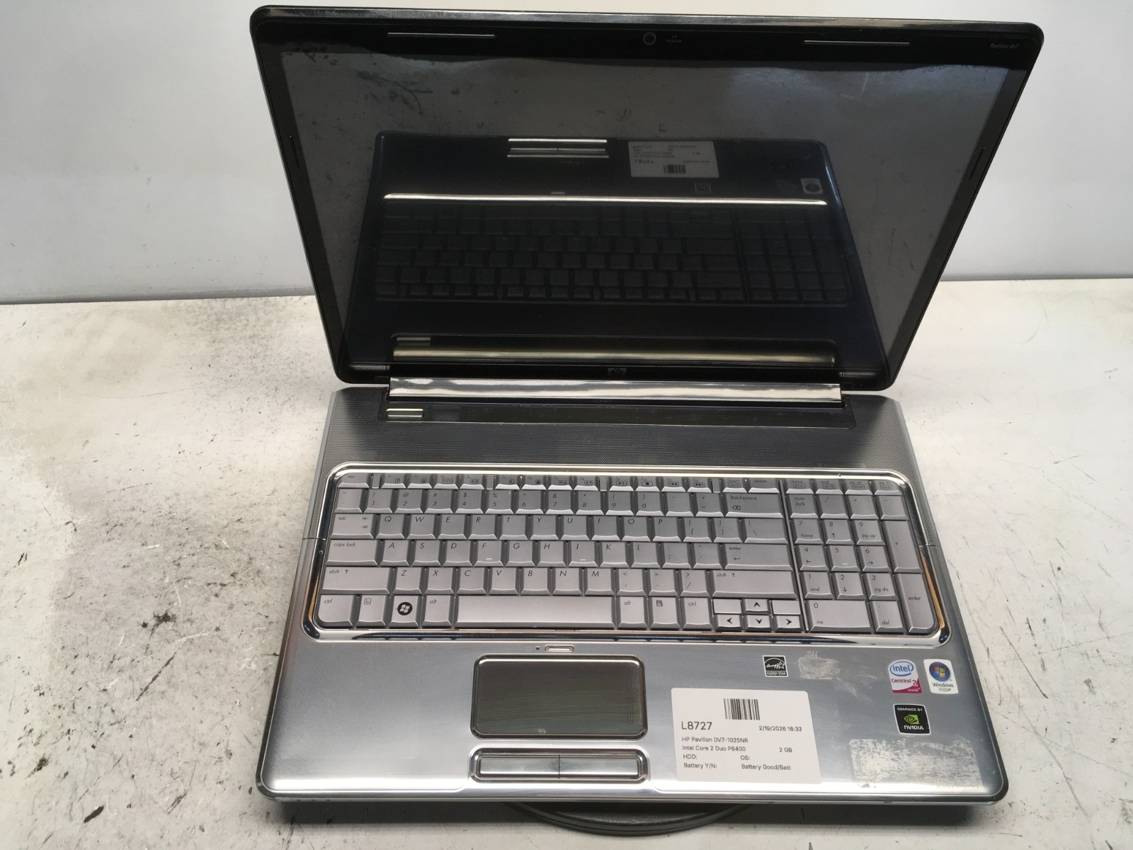 HP Pavilion DV7-1025NR Intel Core 2 Duo P8400 2.26GHz 2 GB NO HDD