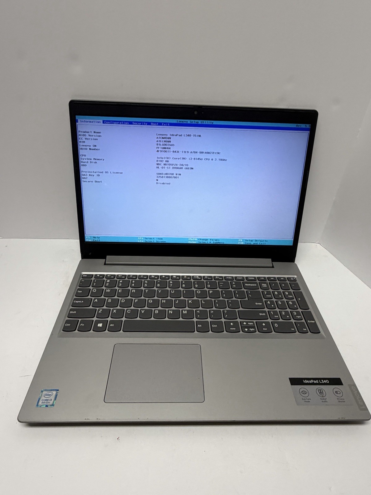 Lenovo Ideapad L340-15IWL i3-8145U 2.10Ghz Laptop 15.1″ w/ 1Tb HD, 8Gb, No OS