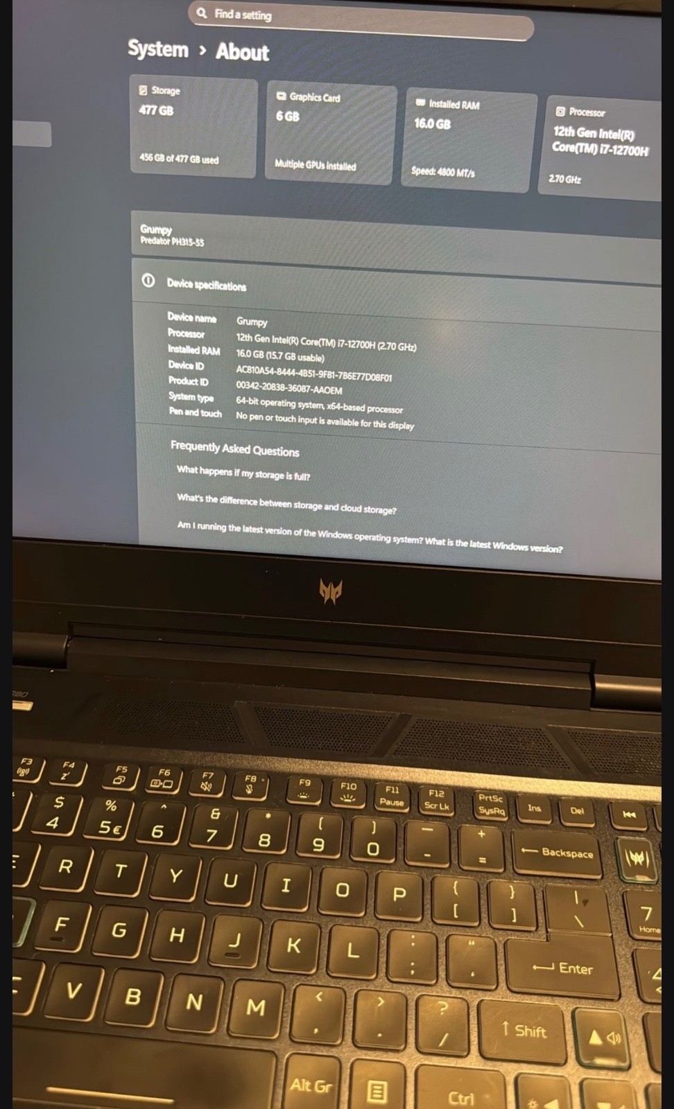 Acer Predator Helios 300 15.6″ (512GB SSD, Intel Core i7 12th Gen., 4.70 GHz,…